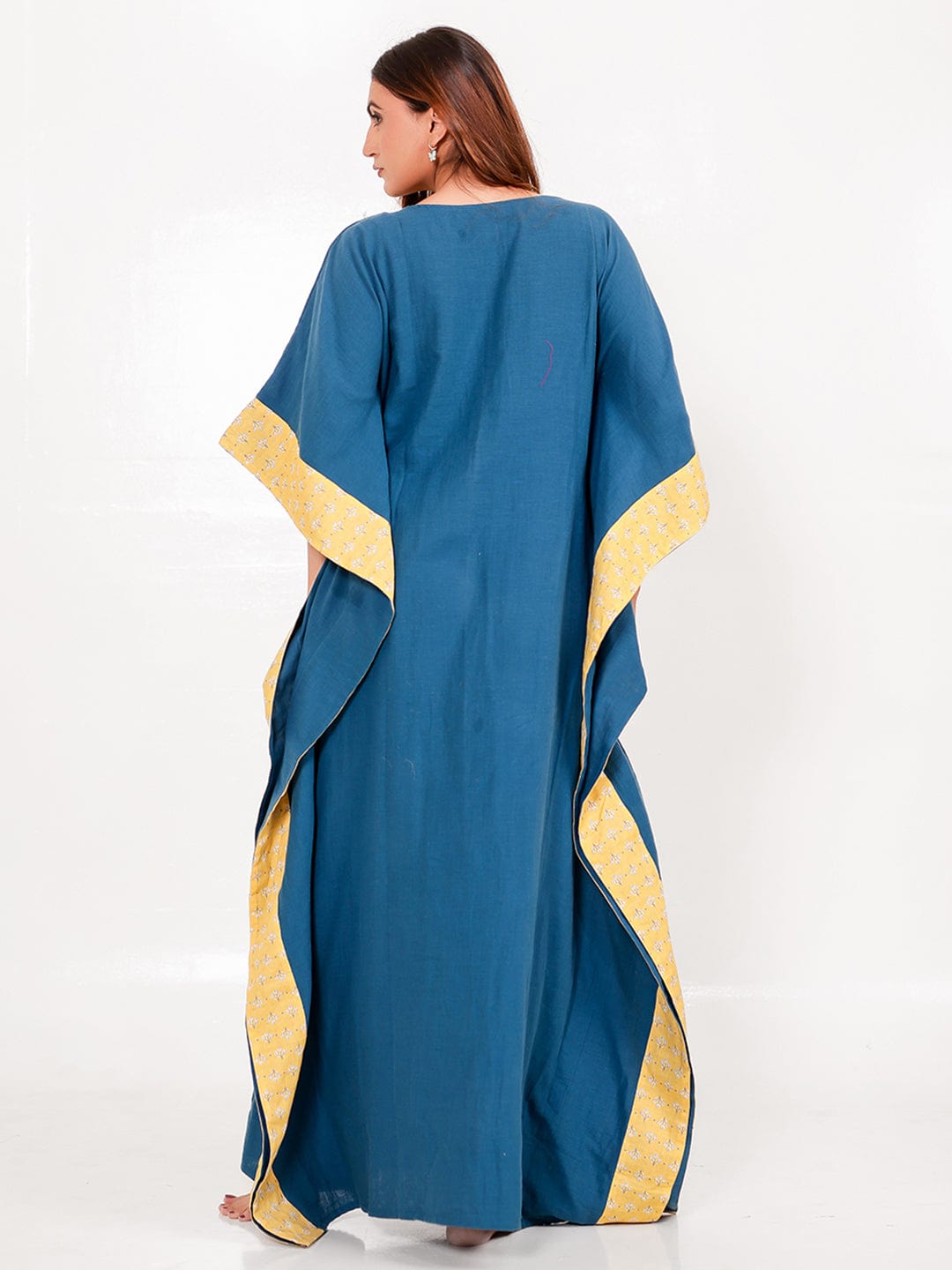 The Kaftan Company Kaftan Blue Yellow Floral Cotton Maxi Kaftan with Pockets