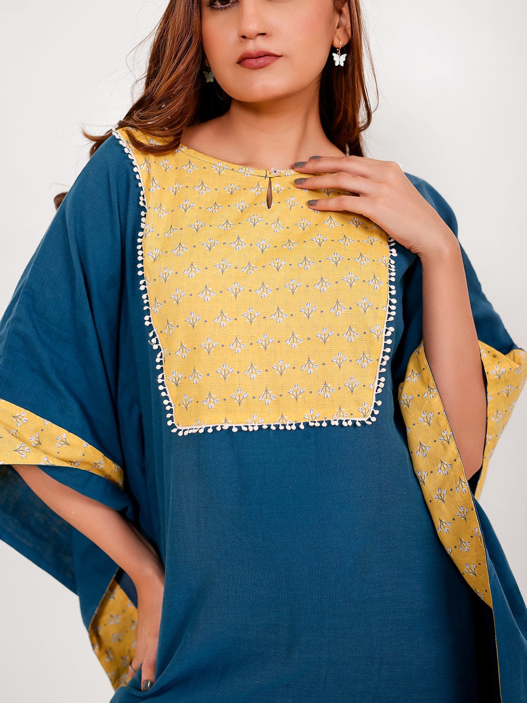 The Kaftan Company Kaftan Blue Yellow Floral Cotton Maxi Kaftan with Pockets