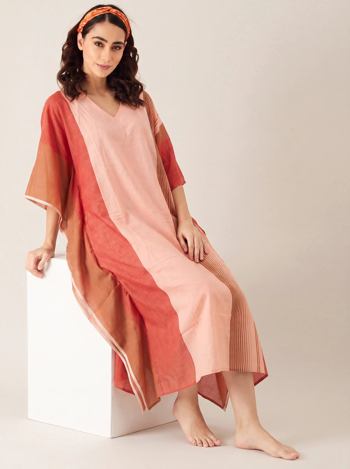 The Kaftan Company Kaftan Blush Pink Colour-Block Cotton Kaftan with Lace Edging