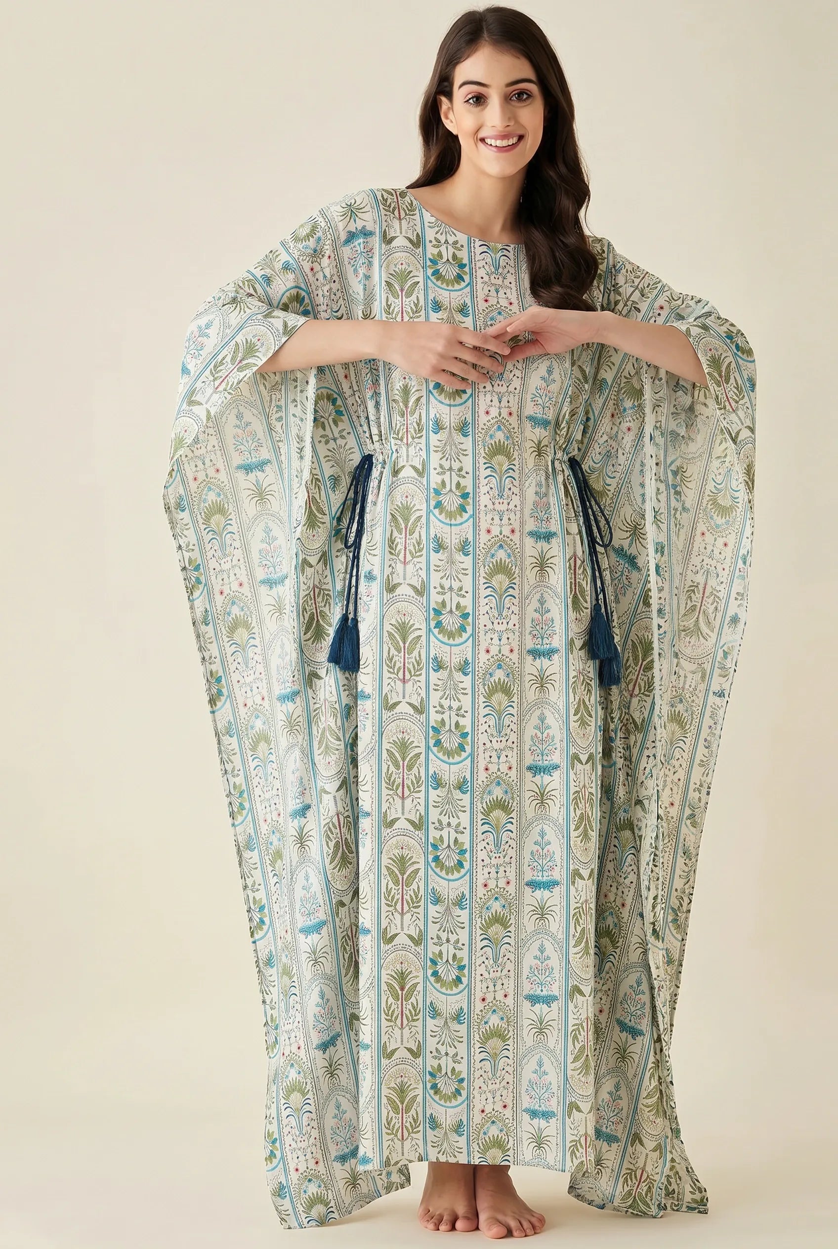 The Kaftan Company Kaftan Botanical Stripe Print Maxi Kaftan