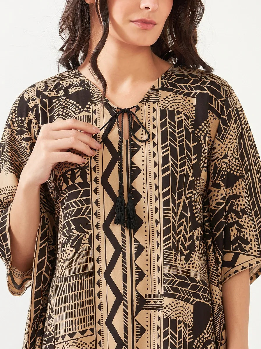 The Kaftan Company Kaftan Brown & Beige Tribal Print Cotton Kaftan