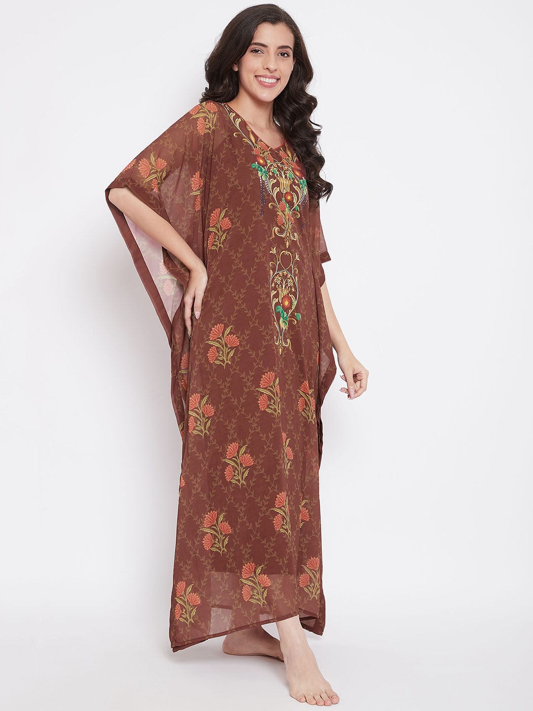 The Kaftan Company Kaftan Brown Floral Georgette Kaftan