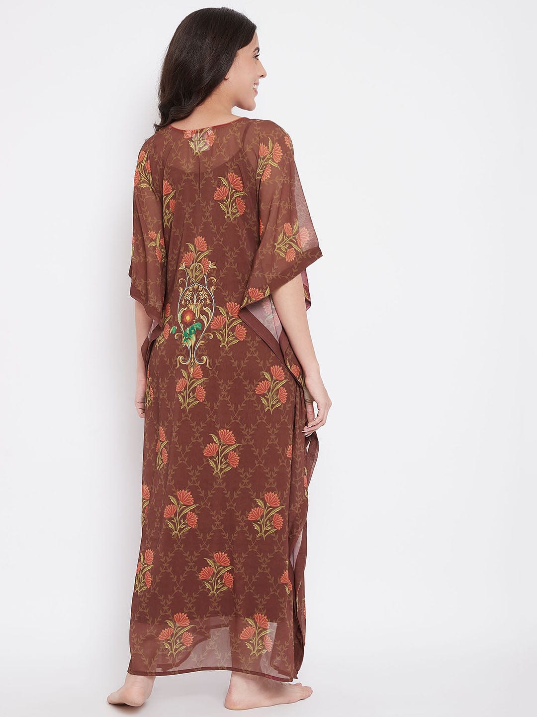 The Kaftan Company Kaftan Brown Floral Georgette Kaftan