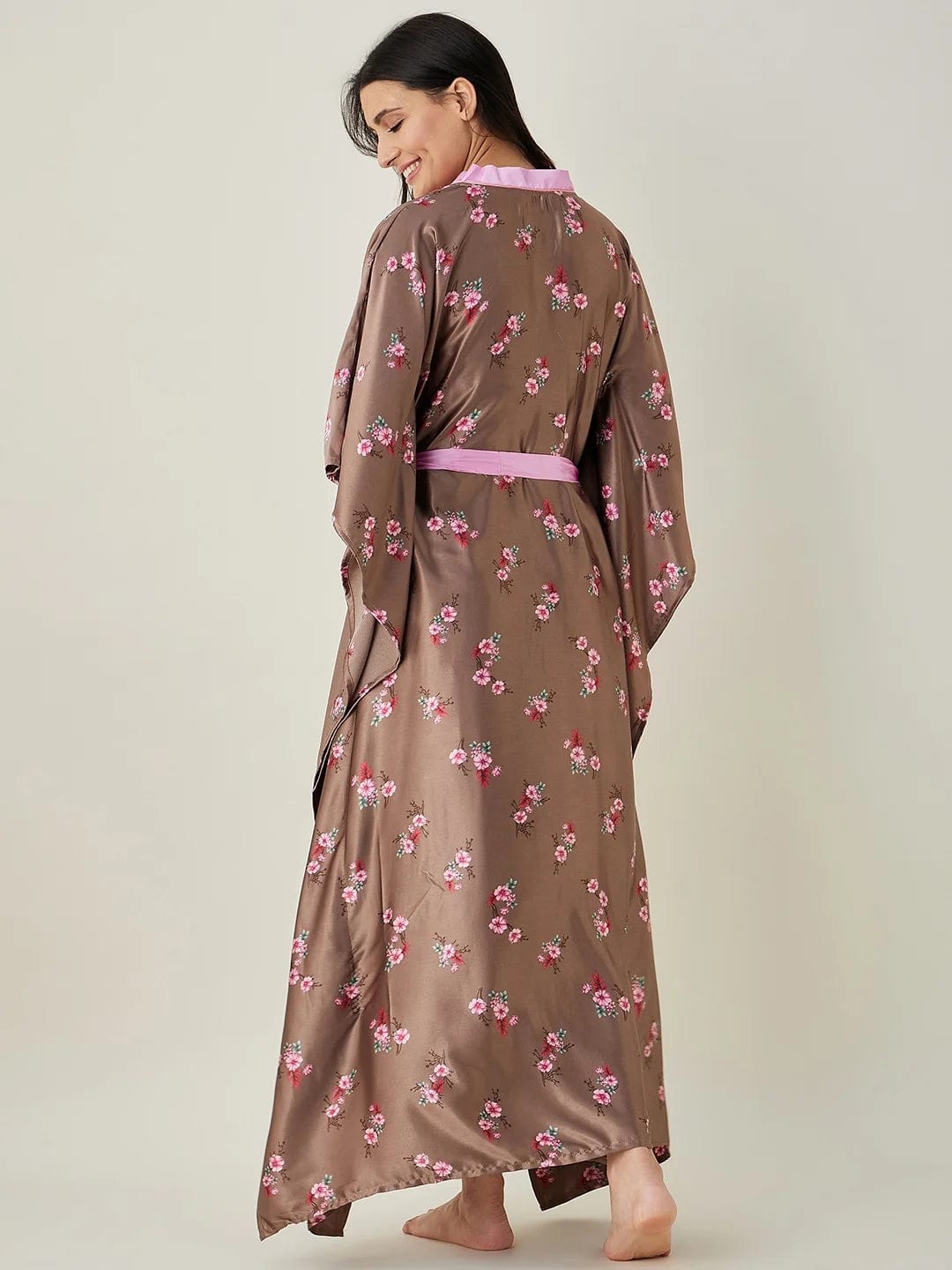 The Kaftan Company Kaftan Brown Floral Printed Loungewear Kaftan