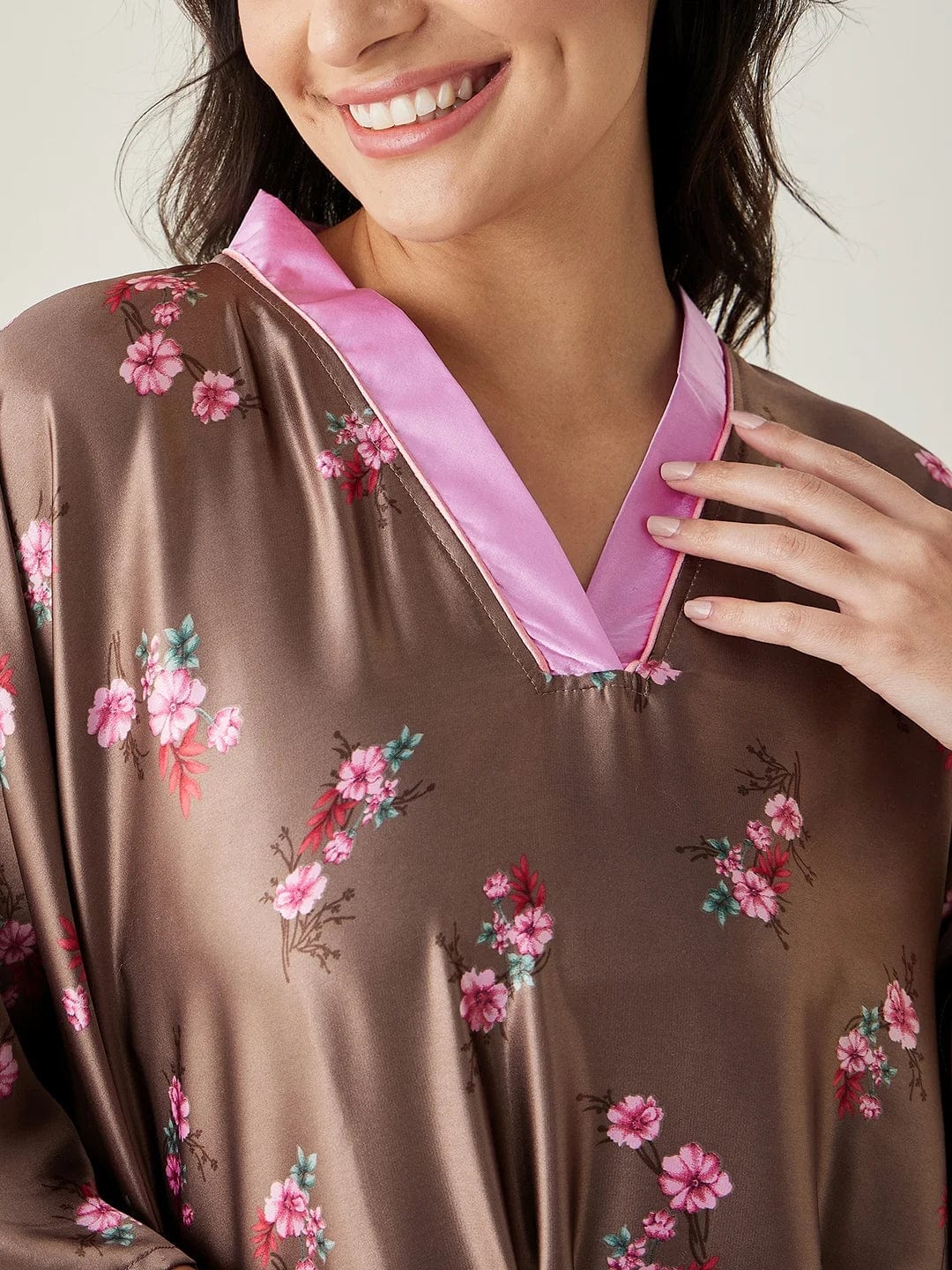 The Kaftan Company Kaftan Brown Floral Printed Loungewear Kaftan