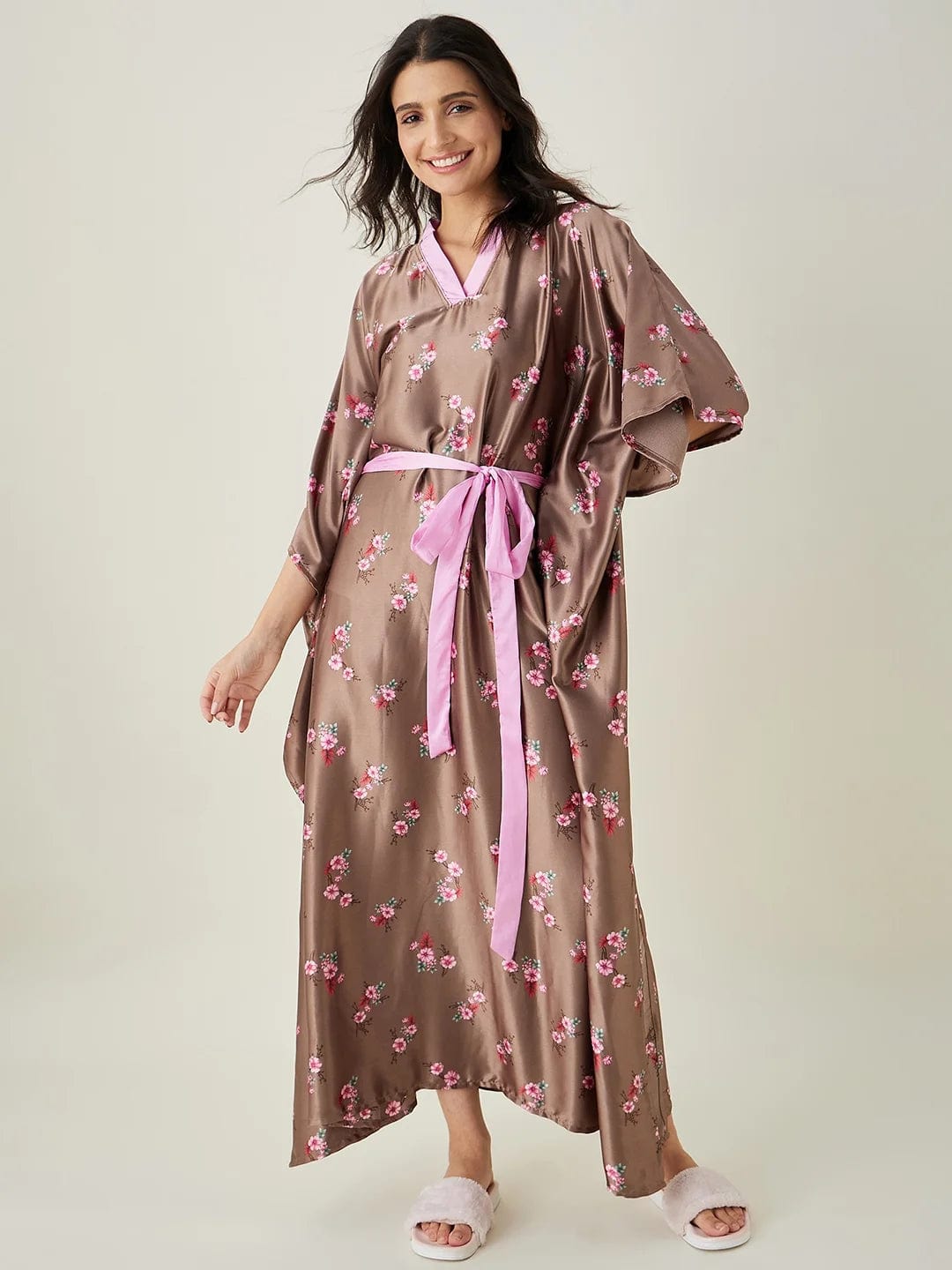 The Kaftan Company Kaftan Brown Floral Printed Loungewear Kaftan