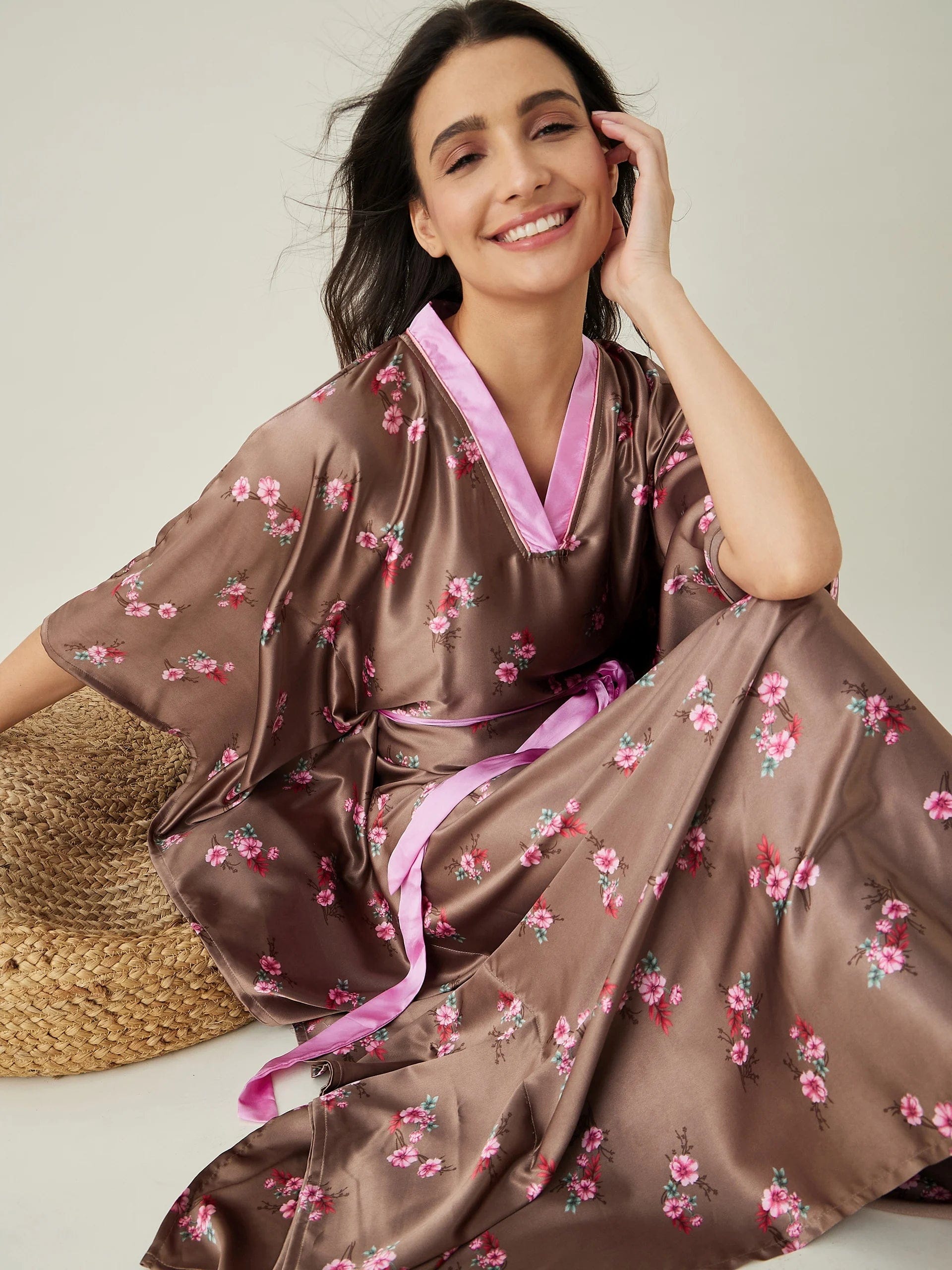 The Kaftan Company Kaftan Brown Floral Printed Loungewear Kaftan