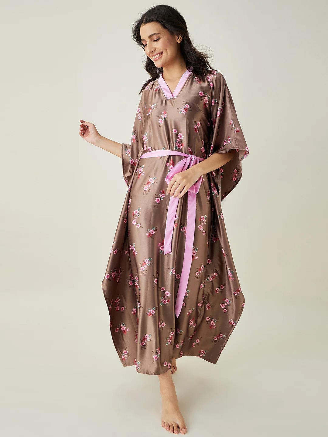 The Kaftan Company Kaftan Brown Floral Printed Loungewear Kaftan