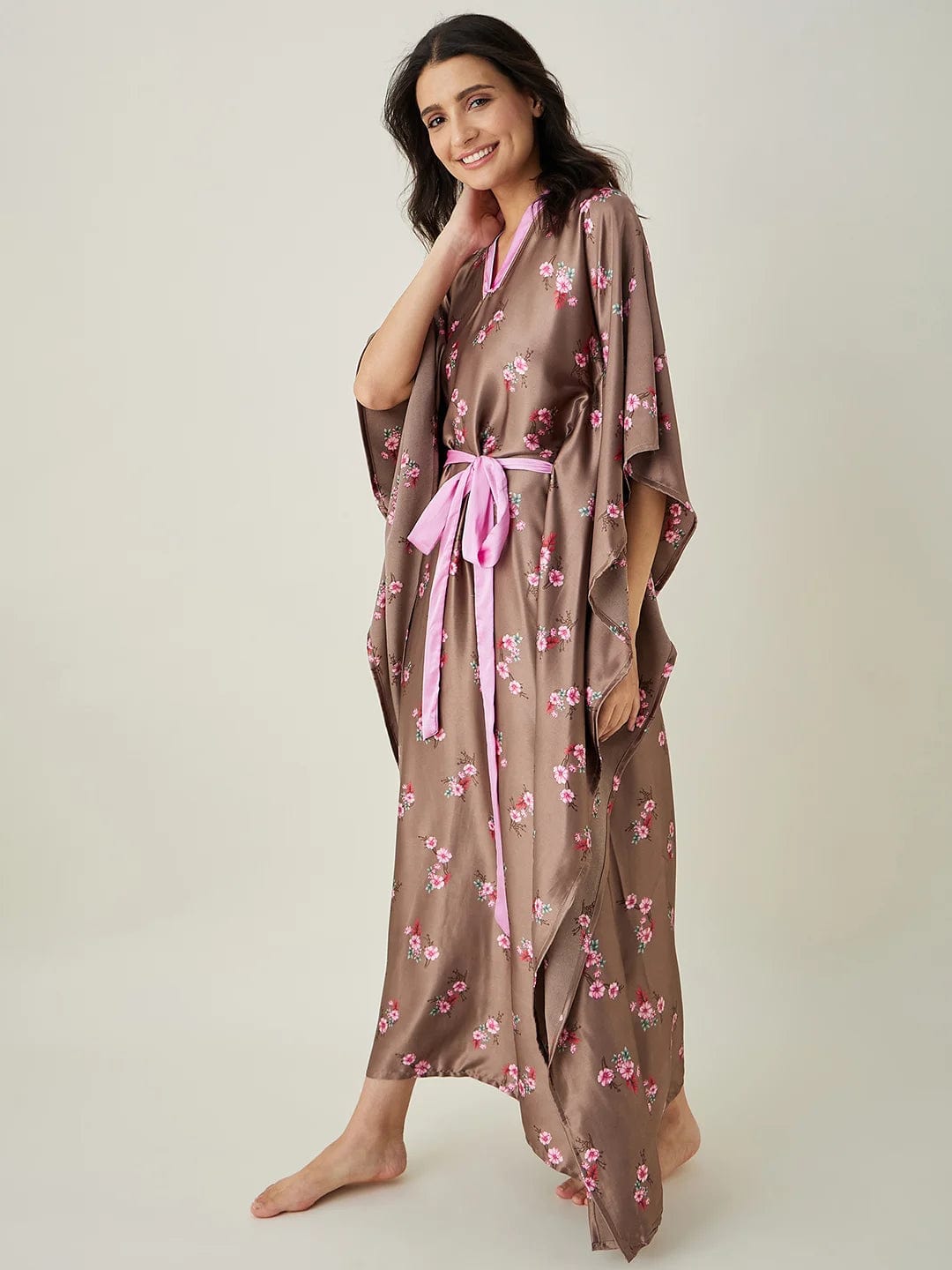 The Kaftan Company Kaftan Brown Floral Printed Loungewear Kaftan