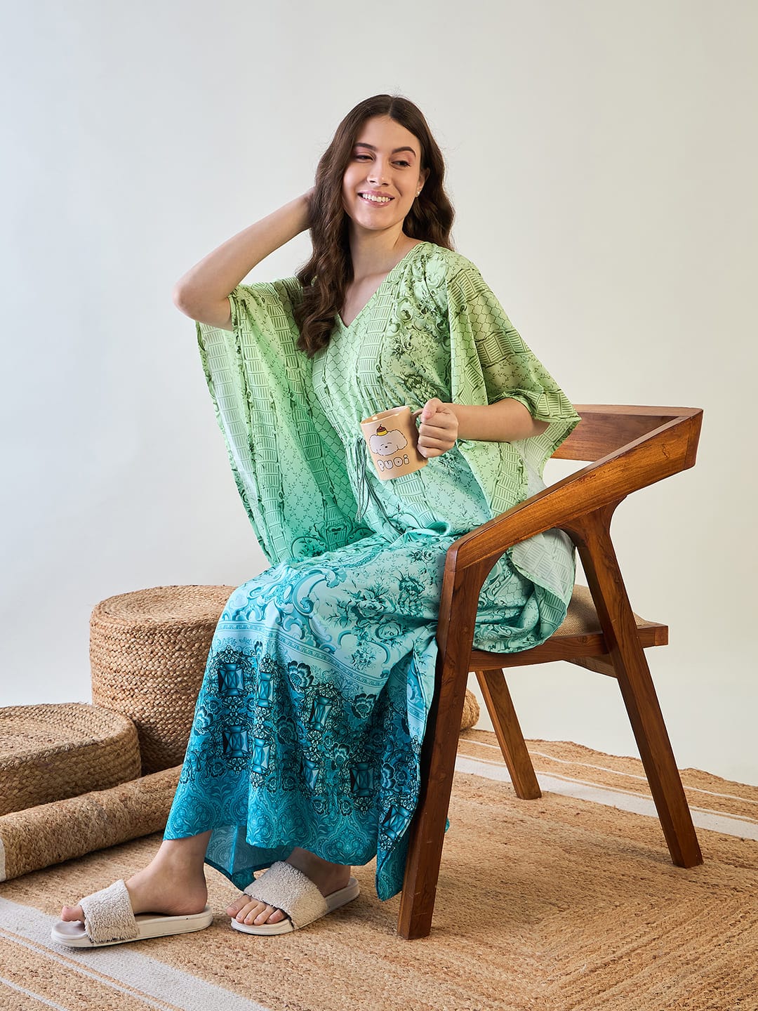 The Kaftan Company Kaftan Chic Green and Blue Patterned Kaftan with Tassel Detail