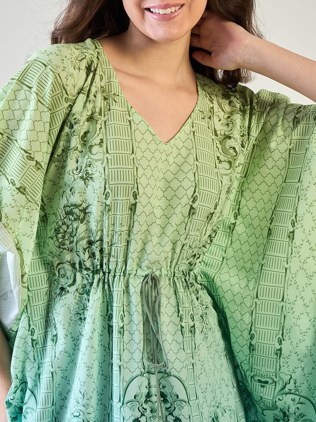 The Kaftan Company Kaftan Chic Green and Blue Patterned Kaftan with Tassel Detail