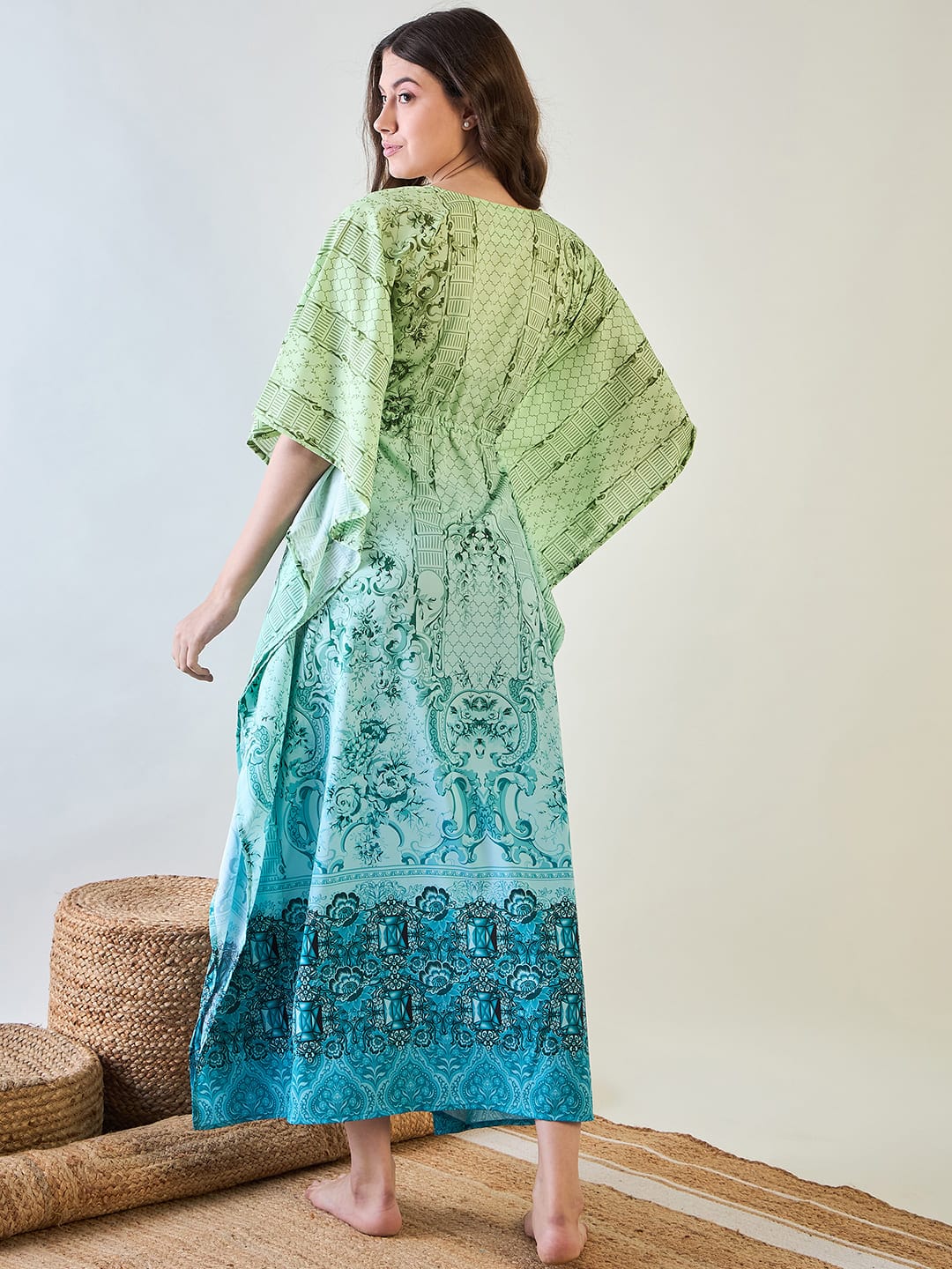 The Kaftan Company Kaftan Chic Green and Blue Patterned Kaftan with Tassel Detail