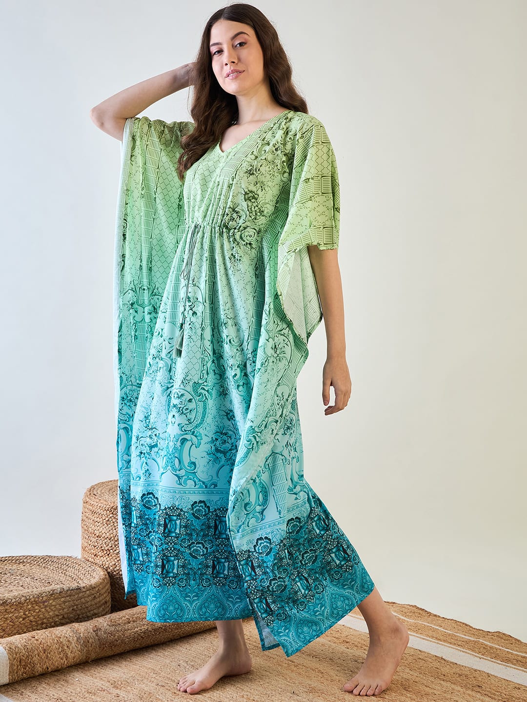 The Kaftan Company Kaftan Chic Green and Blue Patterned Kaftan with Tassel Detail