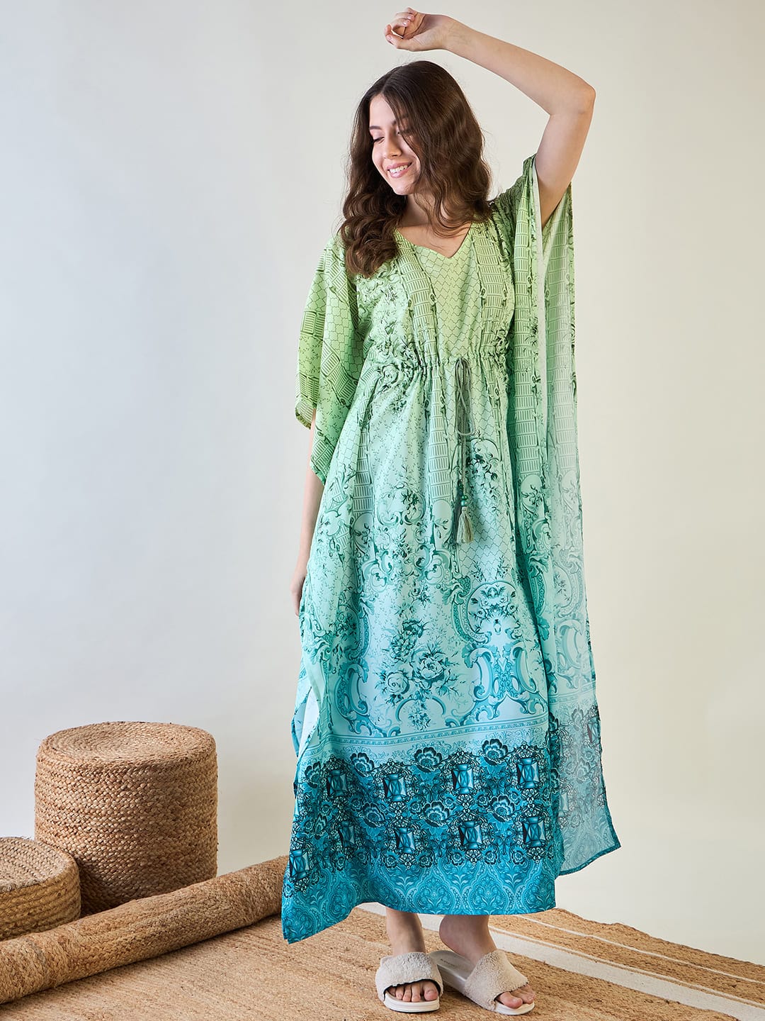 The Kaftan Company Kaftan Chic Green and Blue Patterned Kaftan with Tassel Detail
