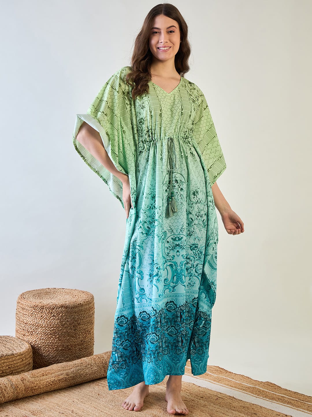 The Kaftan Company Kaftan Chic Green and Blue Patterned Kaftan with Tassel Detail