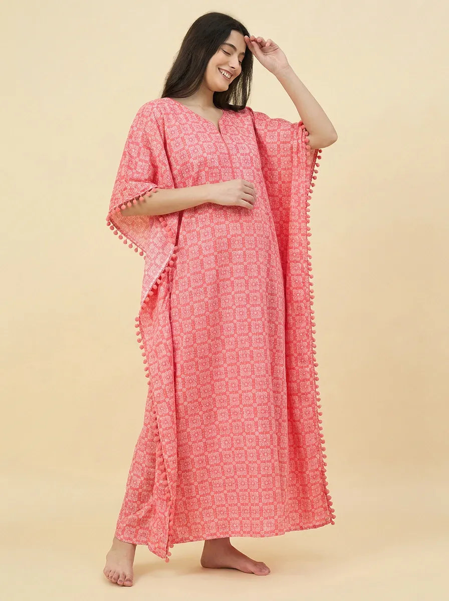 The Kaftan Company Kaftan Coral Pink Geometric Print Maternity Kaftan with Pom-Pom Trim