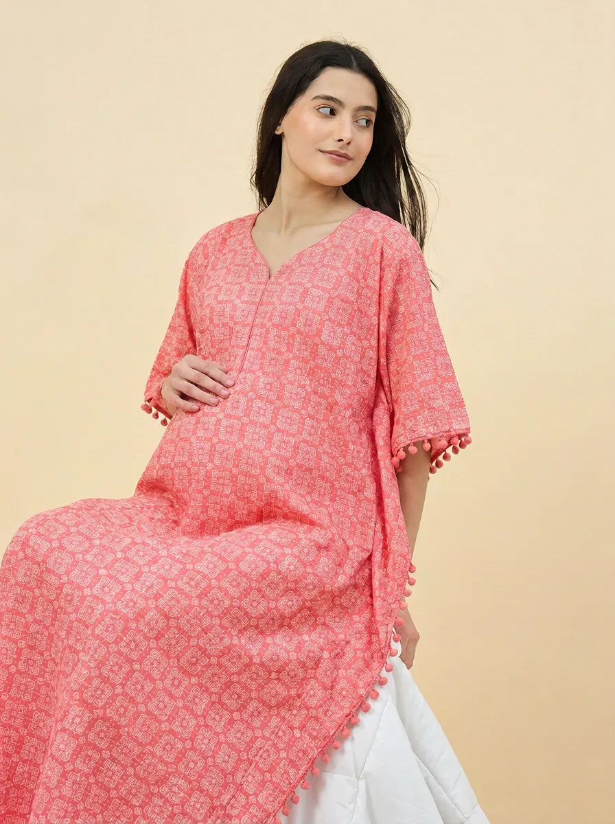 The Kaftan Company Kaftan Coral Pink Geometric Print Maternity Kaftan with Pom-Pom Trim
