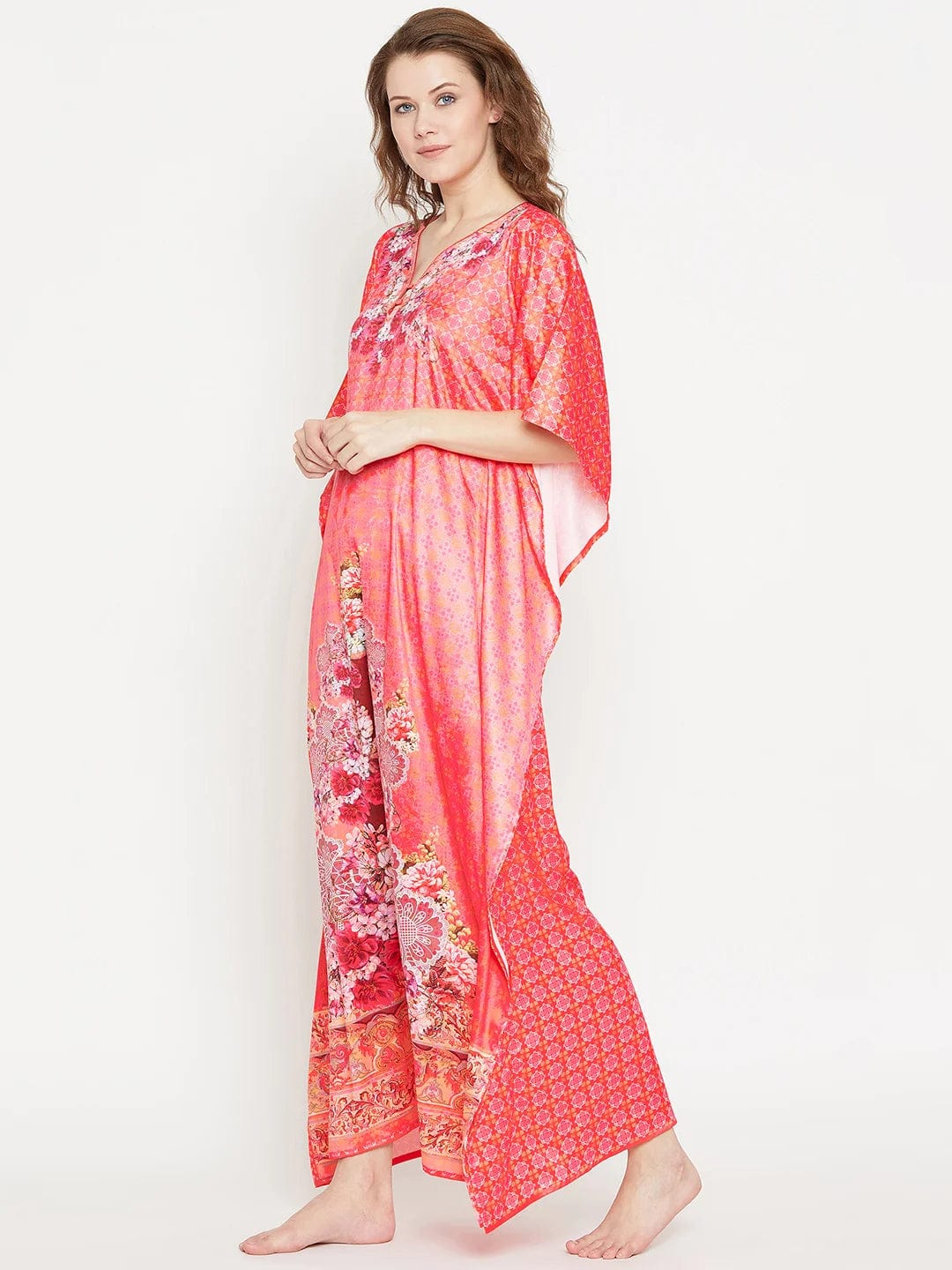 The Kaftan Company Kaftan Coral pink printed nightdress - (Clearance - Final Sale)
