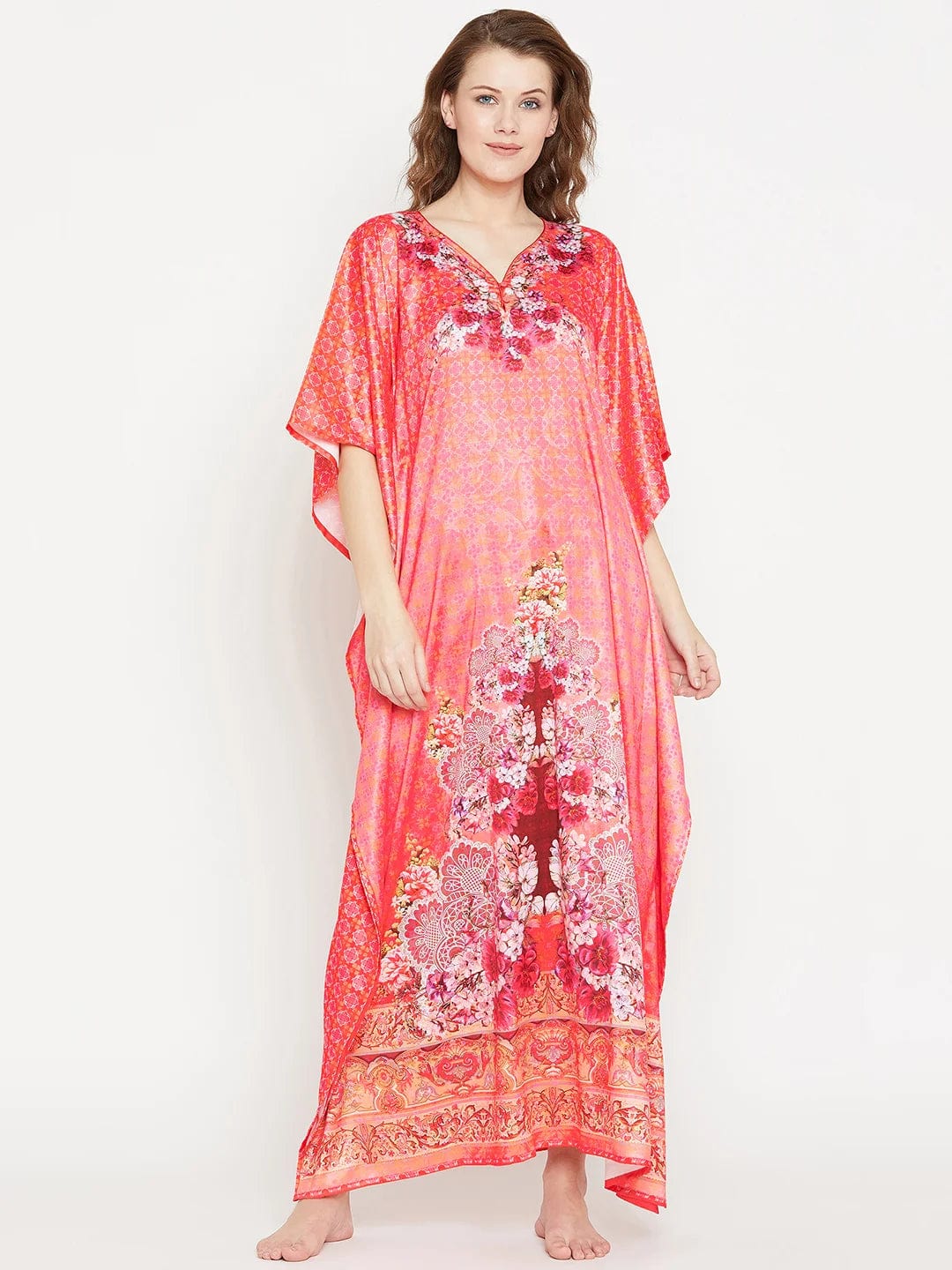The Kaftan Company Kaftan Coral pink printed nightdress - (Clearance - Final Sale)