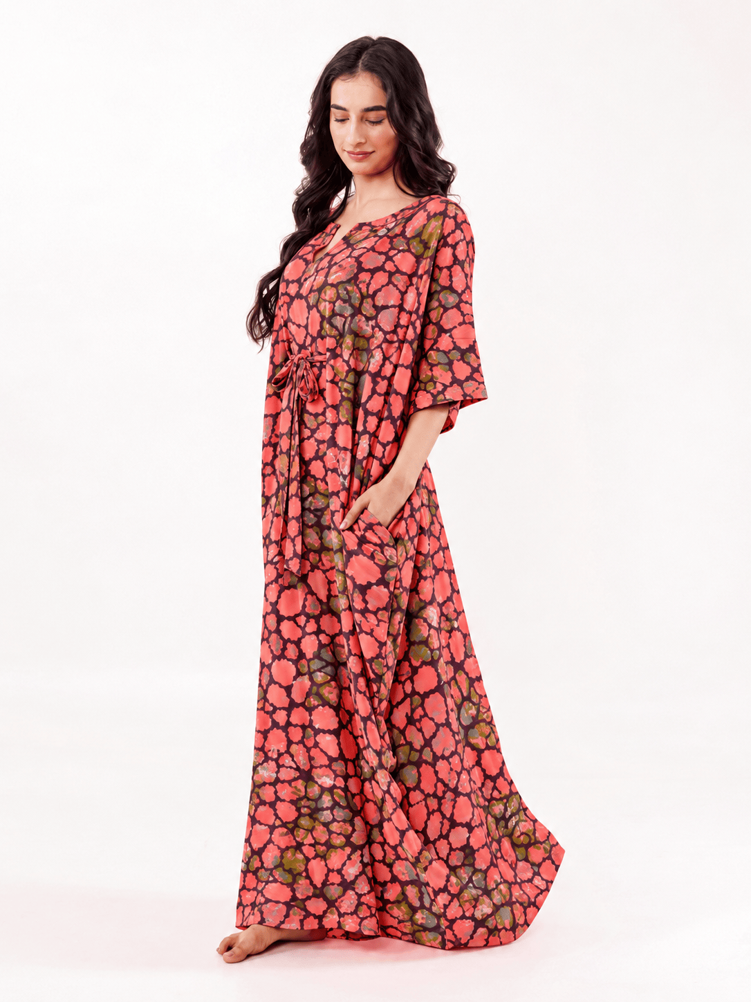 The Kaftan Company Kaftan Coral Printed Cotton Kaftan with Drawstring Waist
