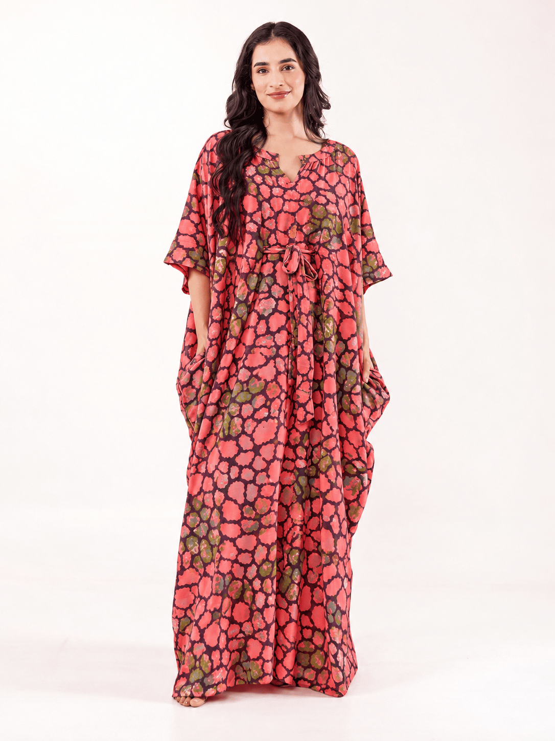 The Kaftan Company Kaftan Coral Printed Cotton Kaftan with Drawstring Waist