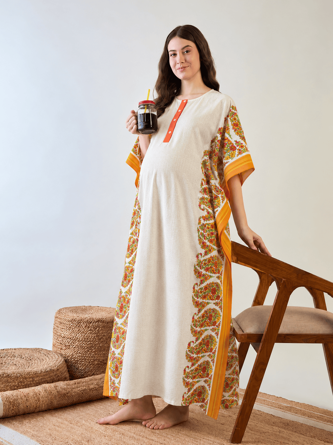 The Kaftan Company Kaftan Cream Maternity and Nursing Kaftan with Paisley Side Panels
