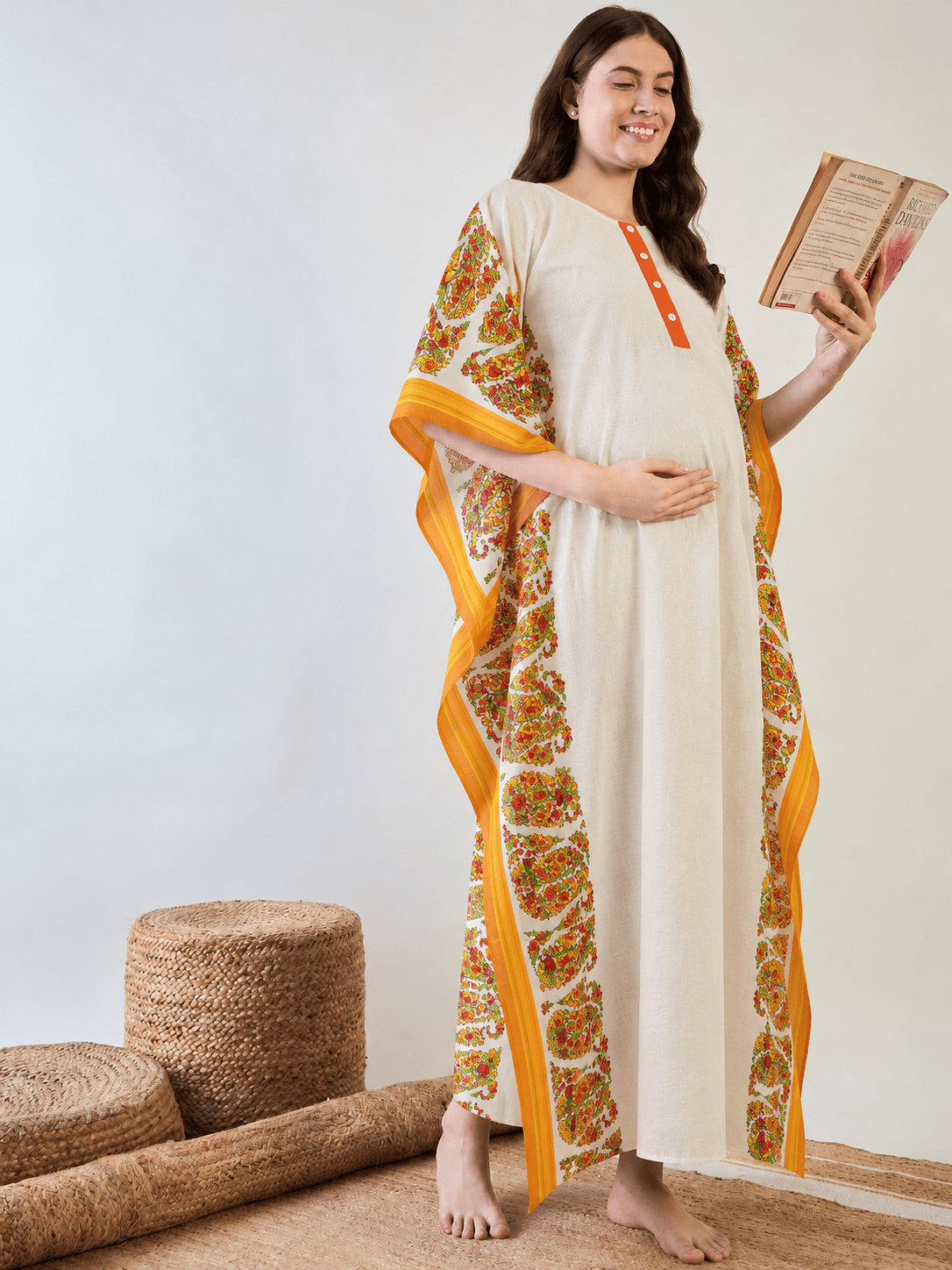The Kaftan Company Kaftan Cream Maternity and Nursing Kaftan with Paisley Side Panels