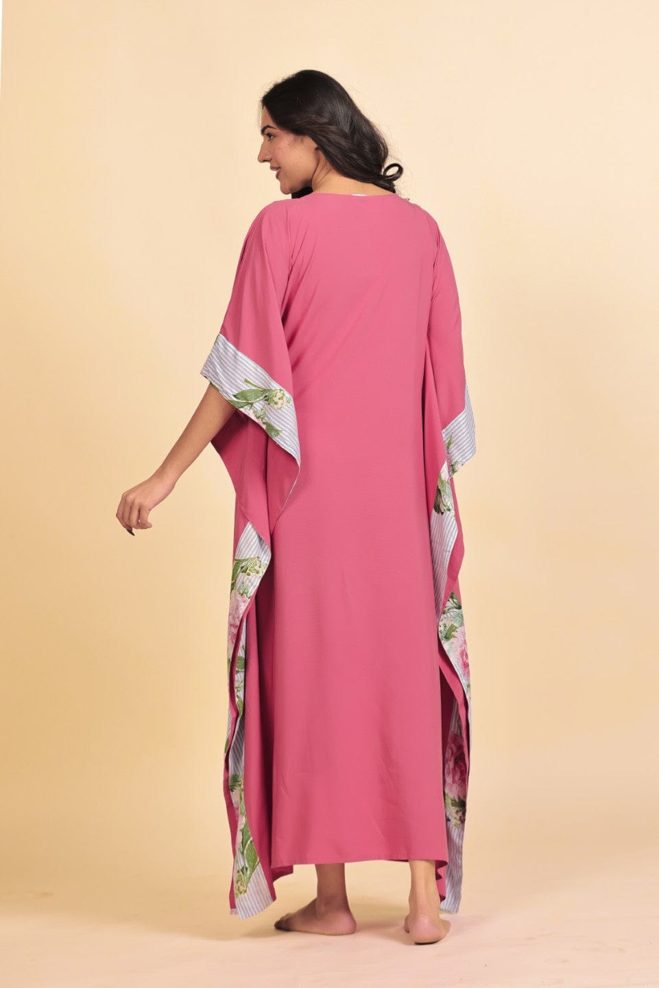 The Kaftan Company Kaftan Dark Pink Modal Kaftan Nightdress with Striped Floral Yoke and Trim