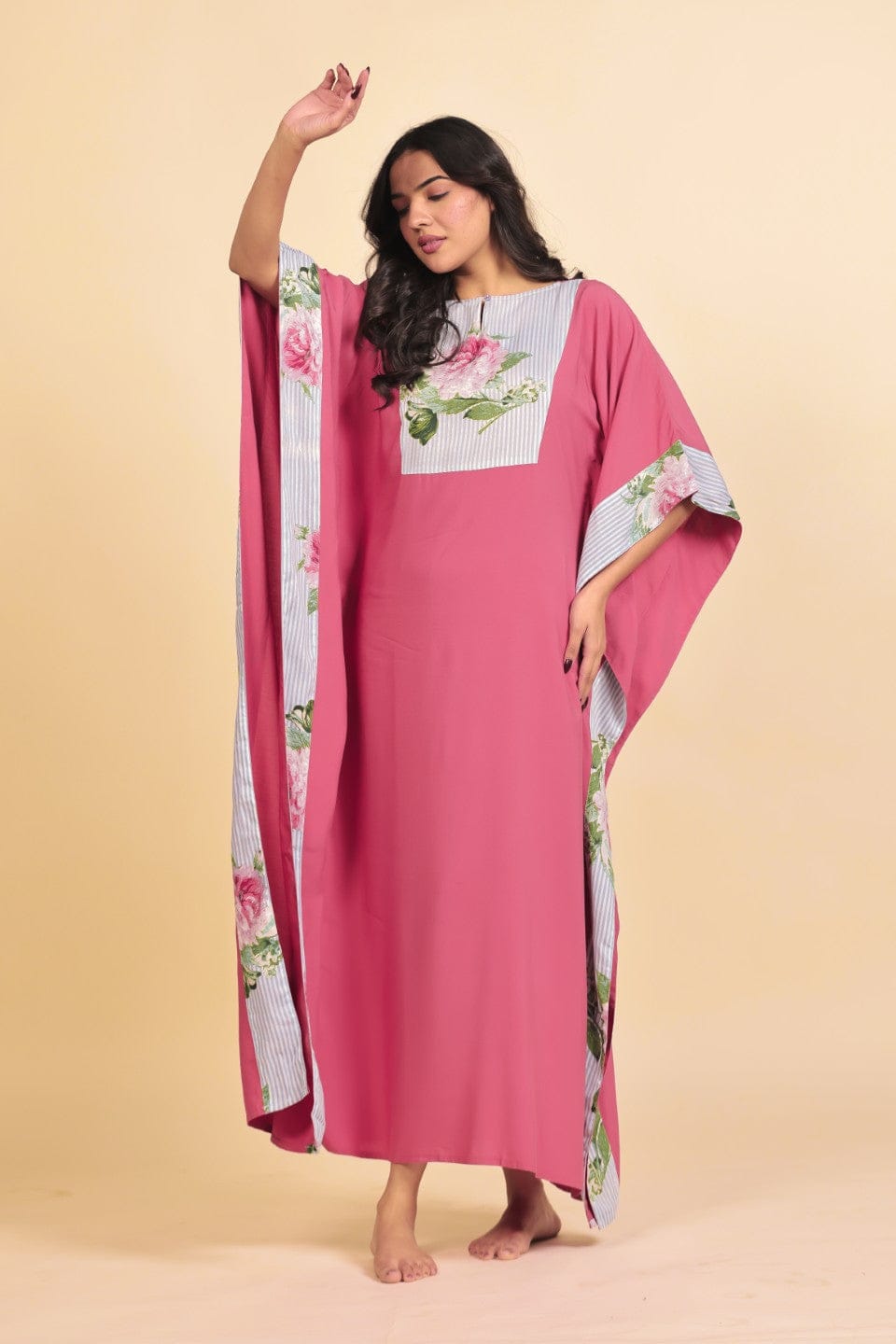 The Kaftan Company Kaftan Dark Pink Modal Kaftan Nightdress with Striped Floral Yoke and Trim