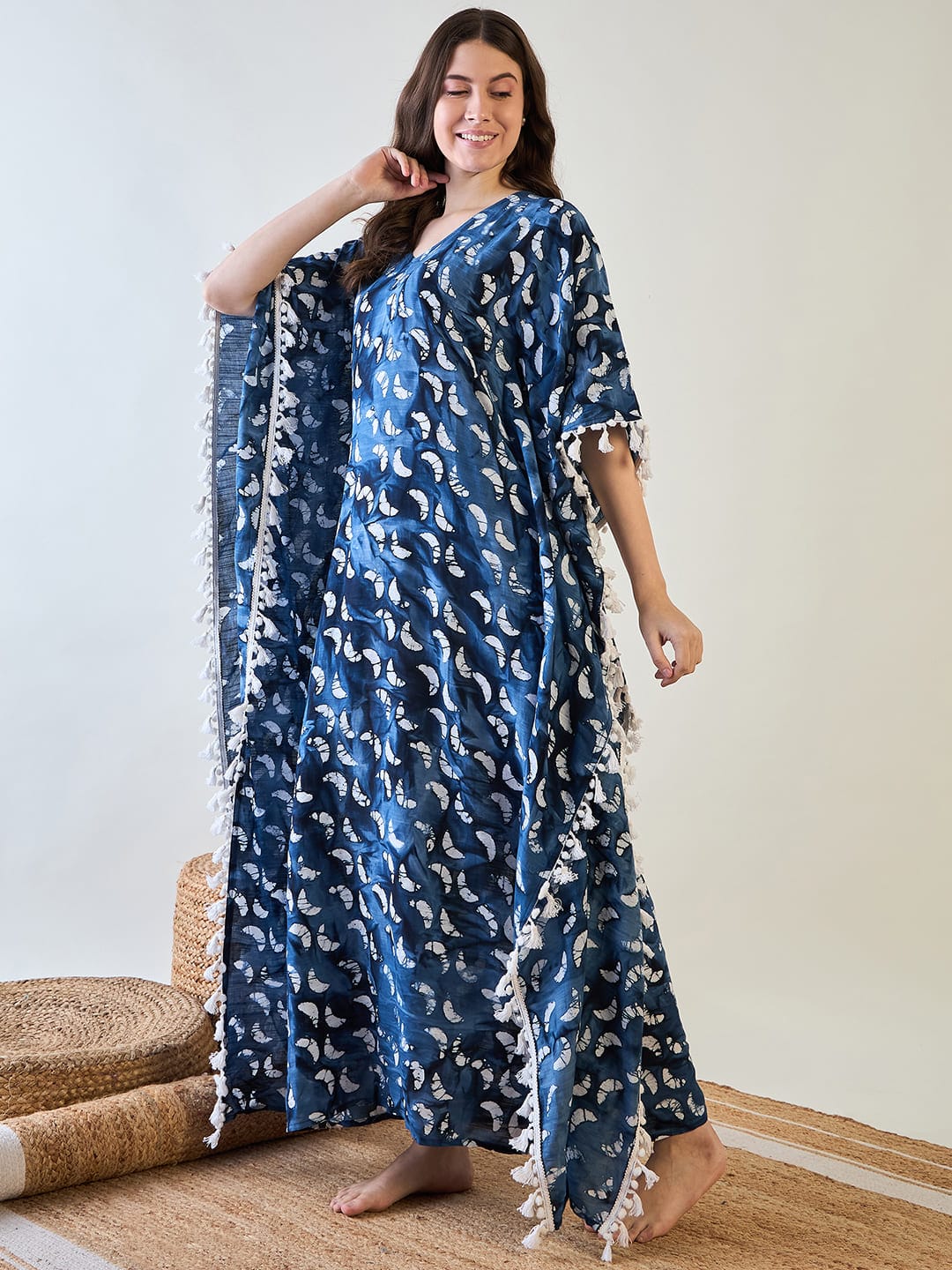 The Kaftan Company Kaftan Elegant Blue Batik Cotton Kaftan with White Tassel Trim