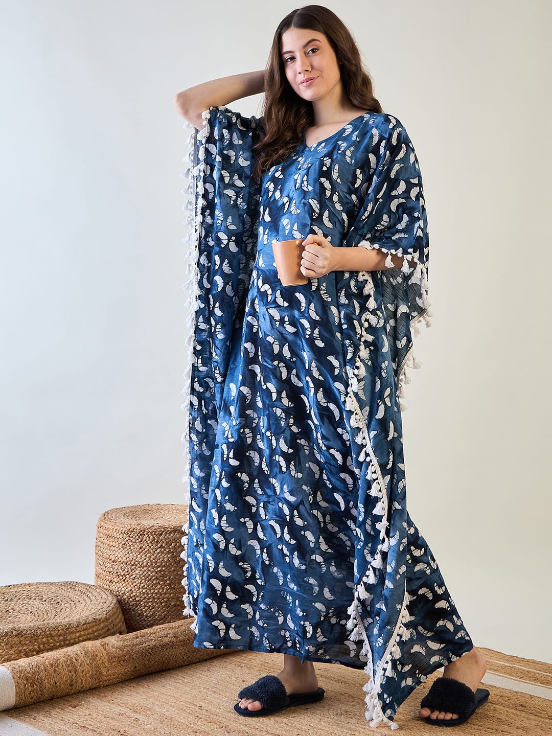 The Kaftan Company Kaftan Elegant Blue Batik Cotton Kaftan with White Tassel Trim