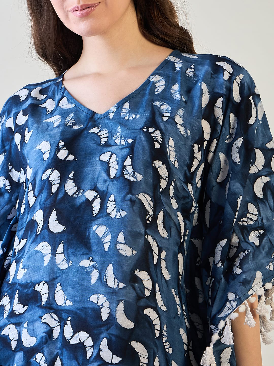 The Kaftan Company Kaftan Elegant Blue Batik Cotton Kaftan with White Tassel Trim