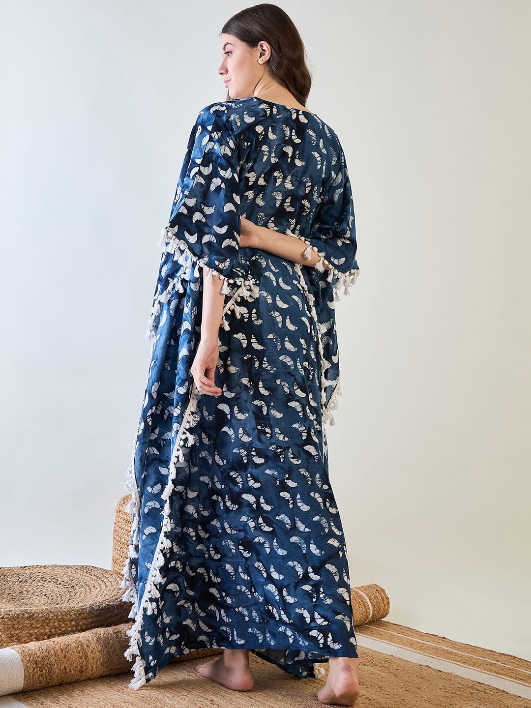 The Kaftan Company Kaftan Elegant Blue Batik Cotton Kaftan with White Tassel Trim