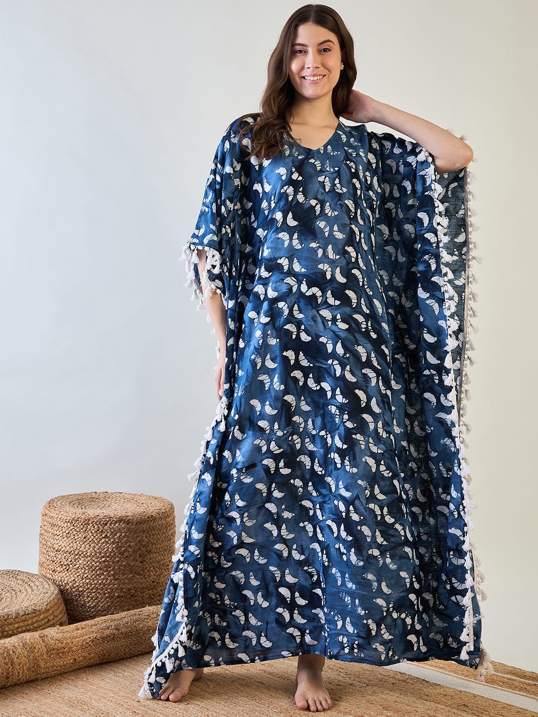 The Kaftan Company Kaftan Elegant Blue Batik Cotton Kaftan with White Tassel Trim