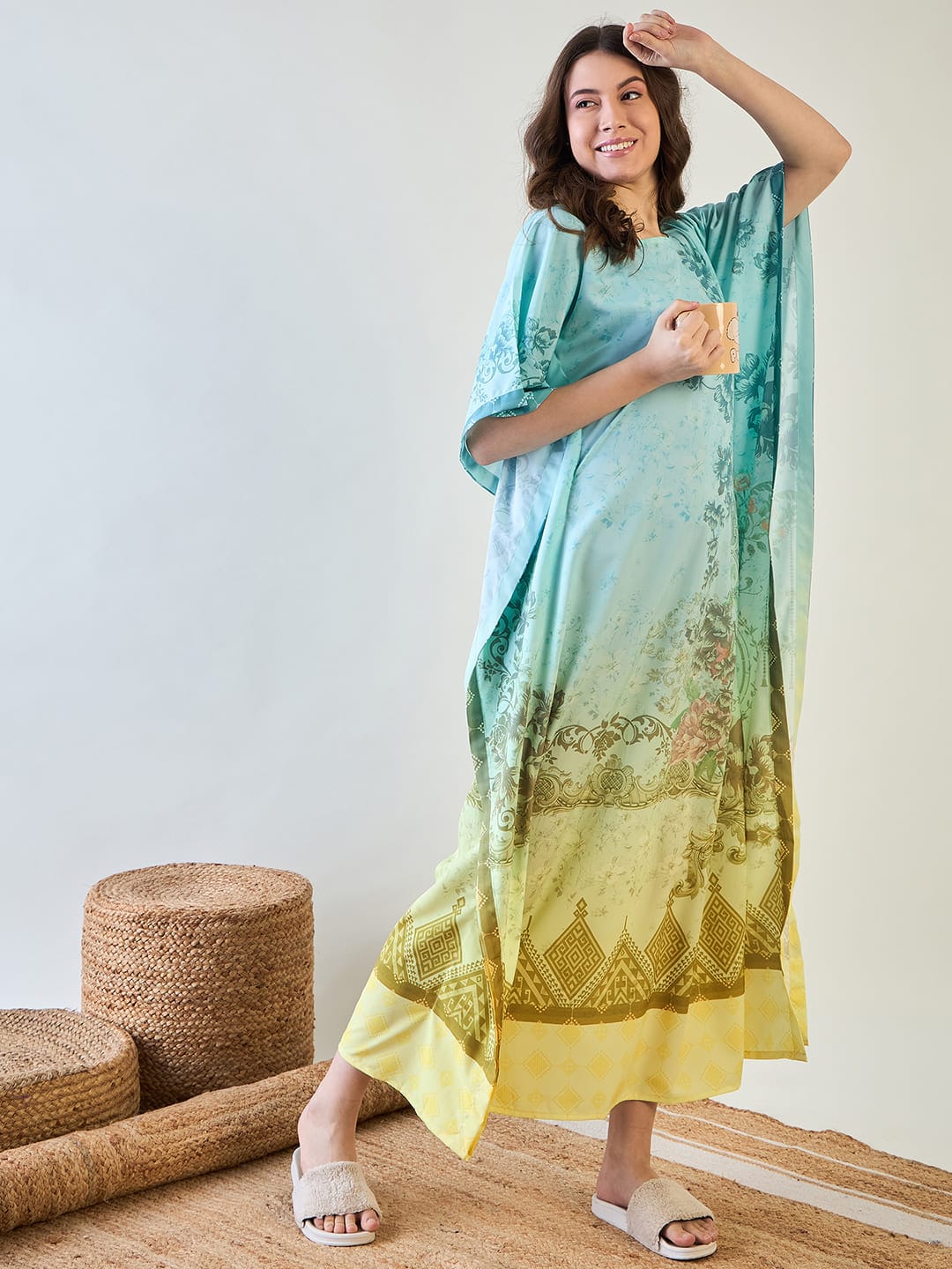 The Kaftan Company Kaftan Elegant Floral Crepe Kaftan with Gradient Design