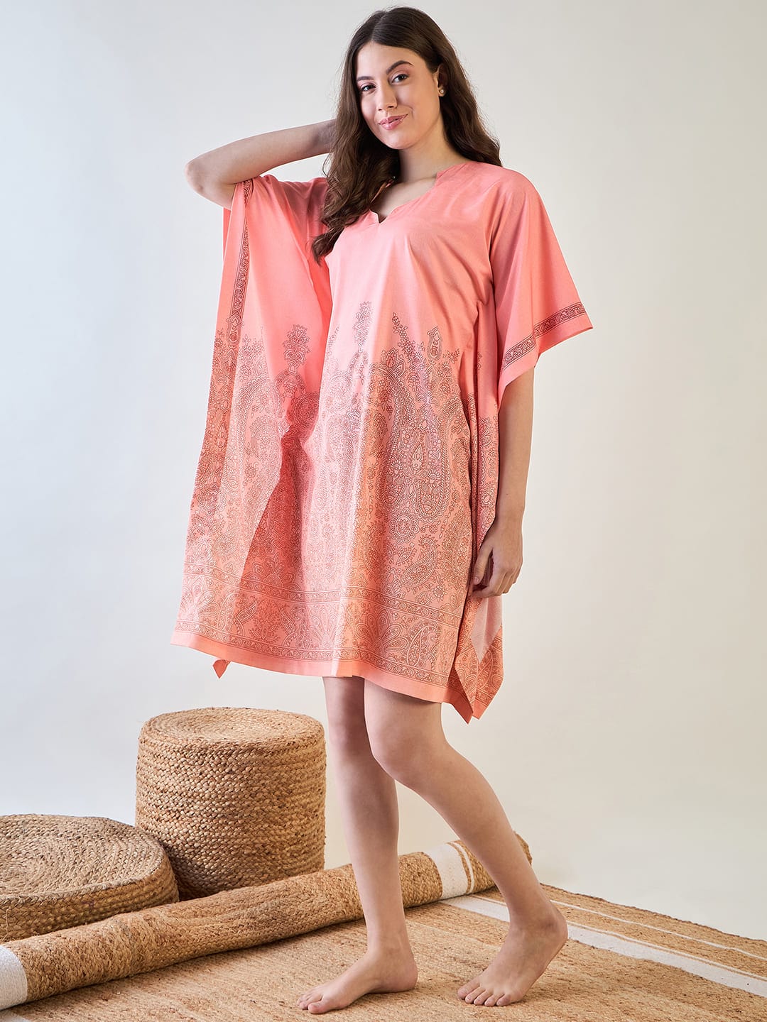 The Kaftan Company Kaftan Elegant Peach Kaftan with Intricate Paisley Design