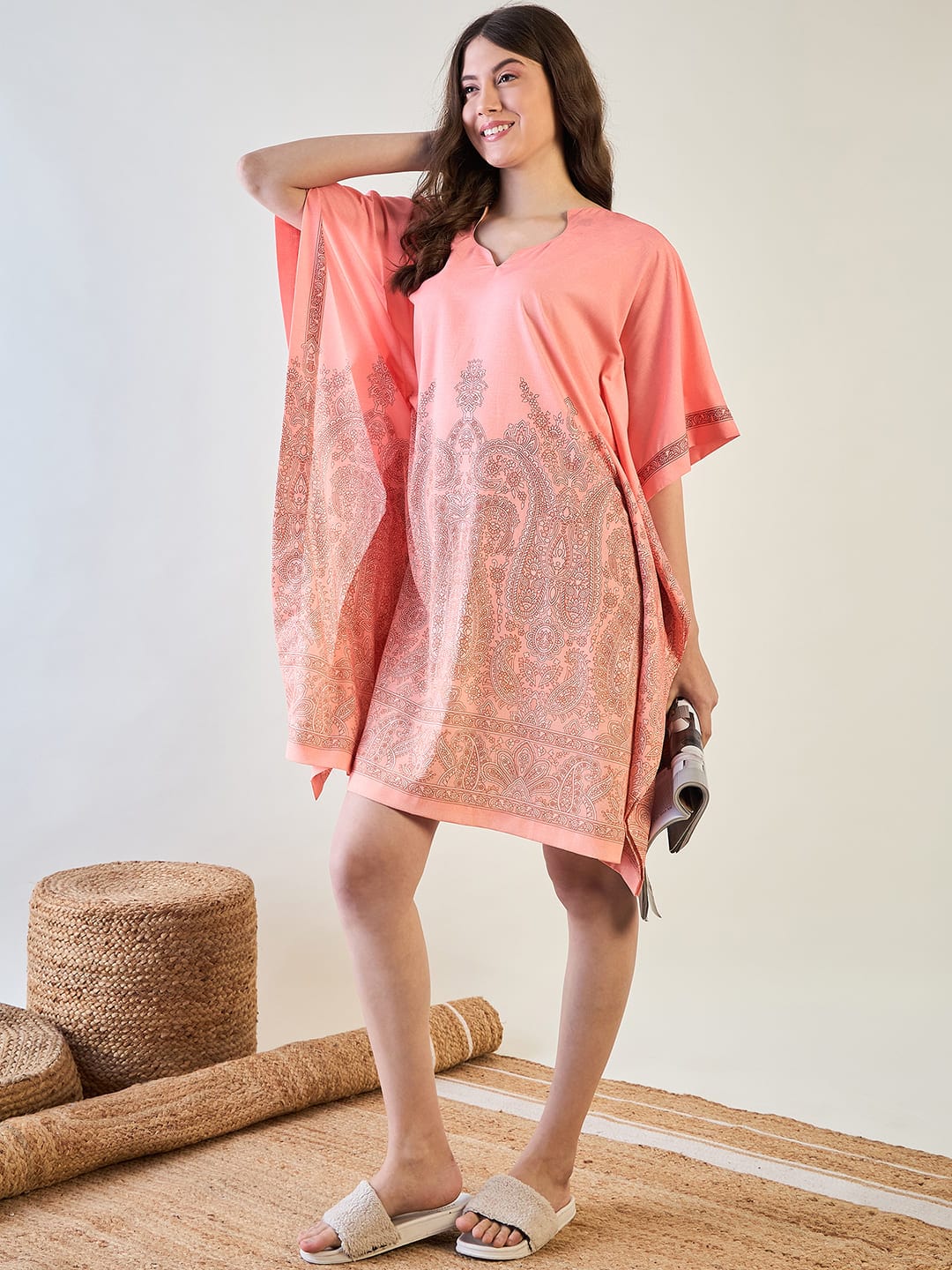 The Kaftan Company Kaftan Elegant Peach Kaftan with Intricate Paisley Design