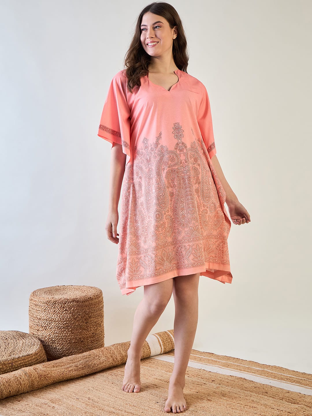 The Kaftan Company Kaftan Elegant Peach Kaftan with Intricate Paisley Design