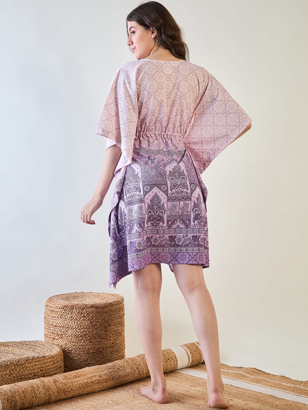 The Kaftan Company Kaftan Elegant Purple Patterned Kaftan Dress with Tassel