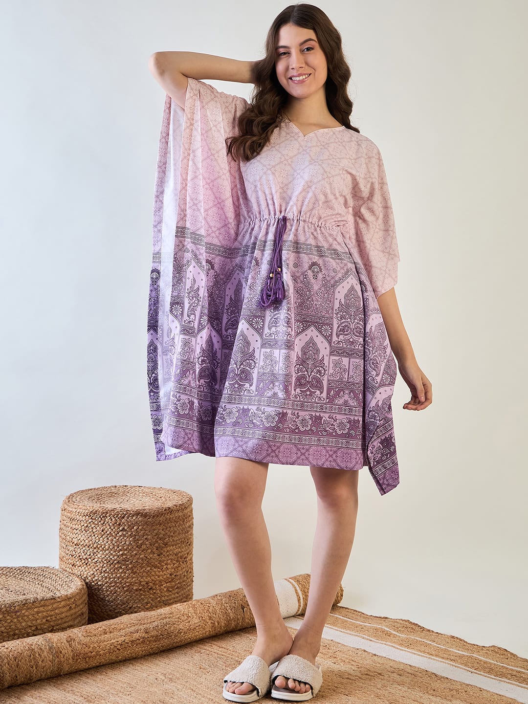 The Kaftan Company Kaftan Elegant Purple Patterned Kaftan Dress with Tassel