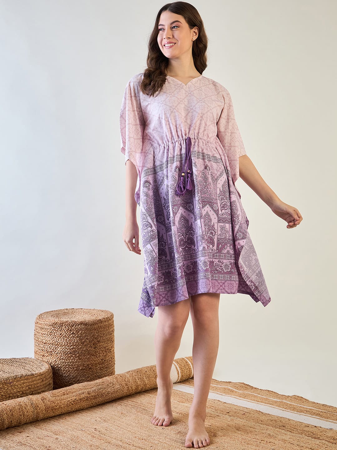 The Kaftan Company Kaftan Elegant Purple Patterned Kaftan Dress with Tassel