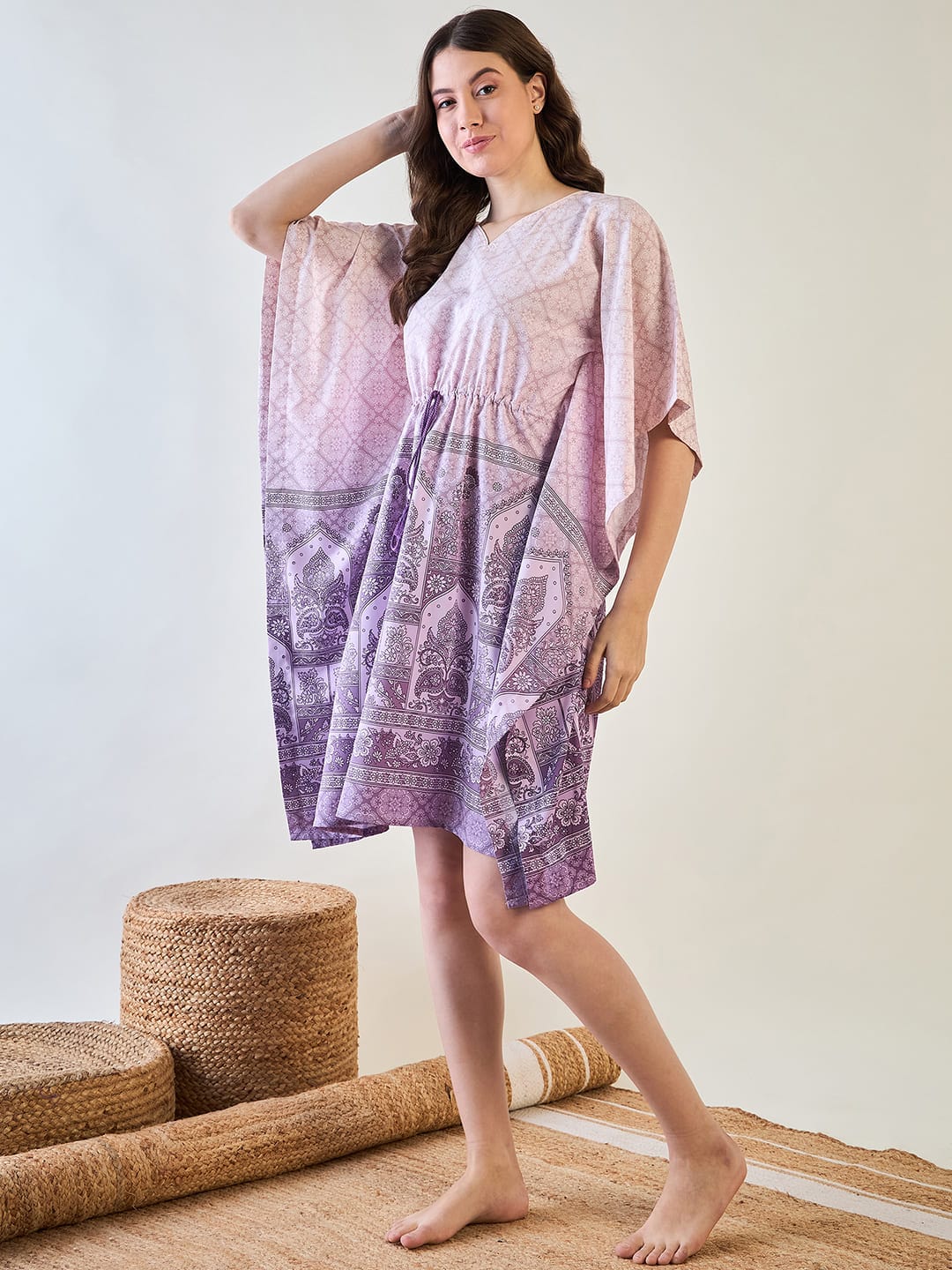 The Kaftan Company Kaftan Elegant Purple Patterned Kaftan Dress with Tassel