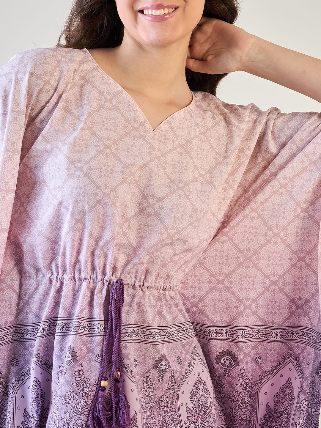 The Kaftan Company Kaftan Elegant Purple Patterned Kaftan Dress with Tassel