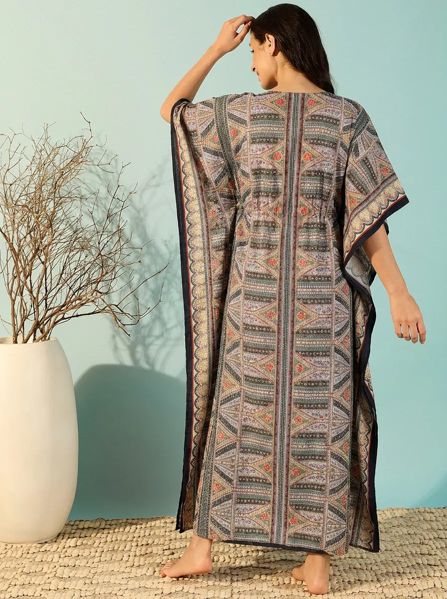 The Kaftan Company Kaftan Ethnic Print Kaftan with Drawstring Waist and Pockets