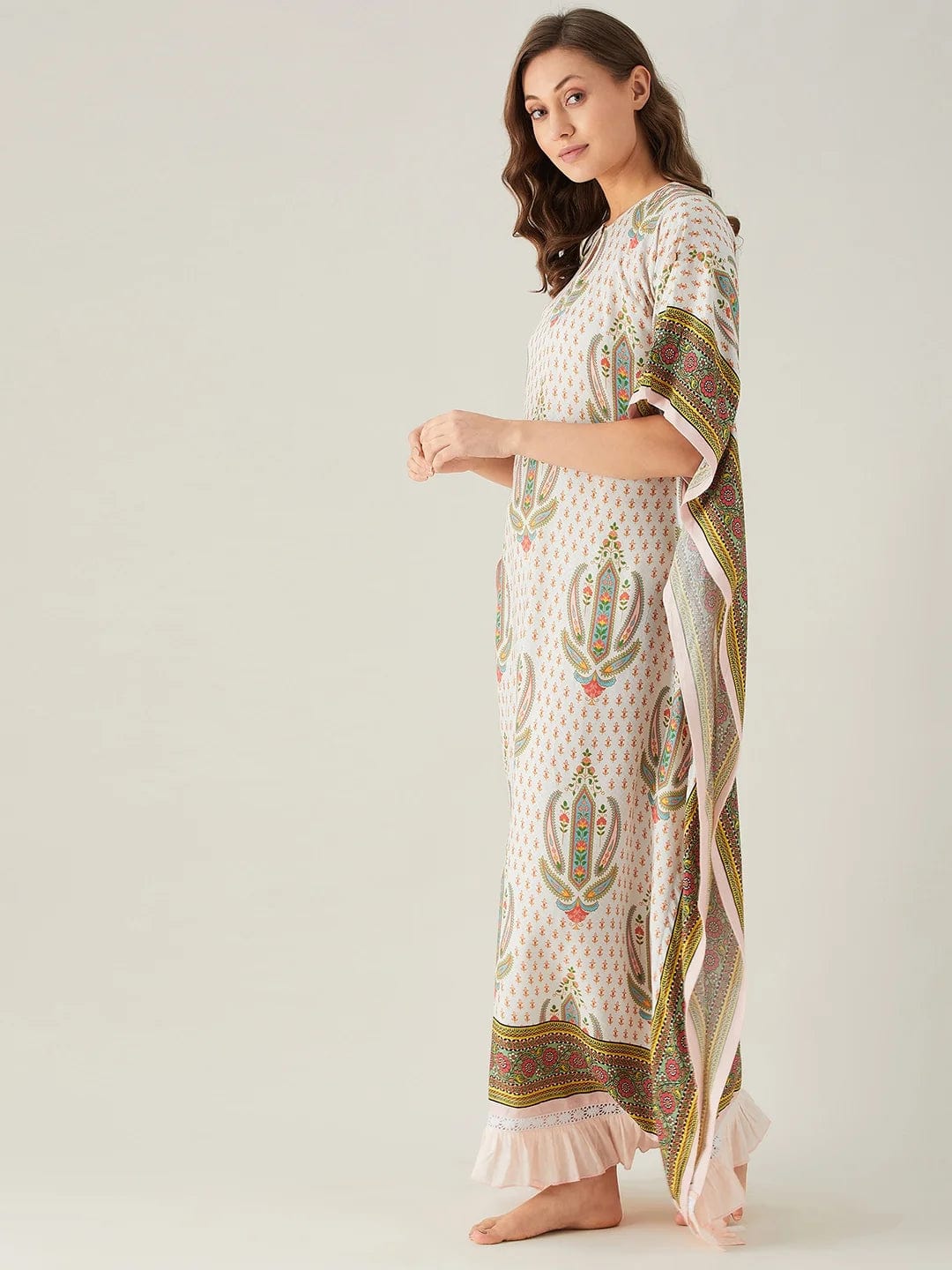 The Kaftan Company Kaftan Floral Block and Border Maxi Kaftan with Frill Hem