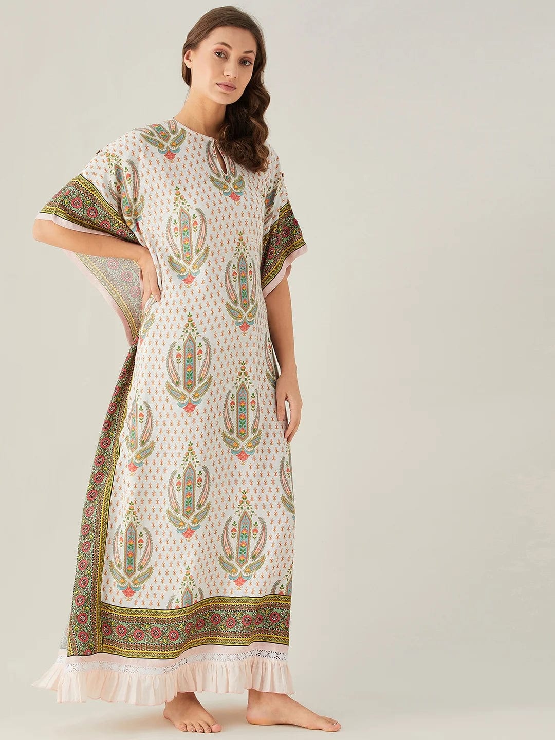 The Kaftan Company Kaftan Floral Block and Border Maxi Kaftan with Frill Hem