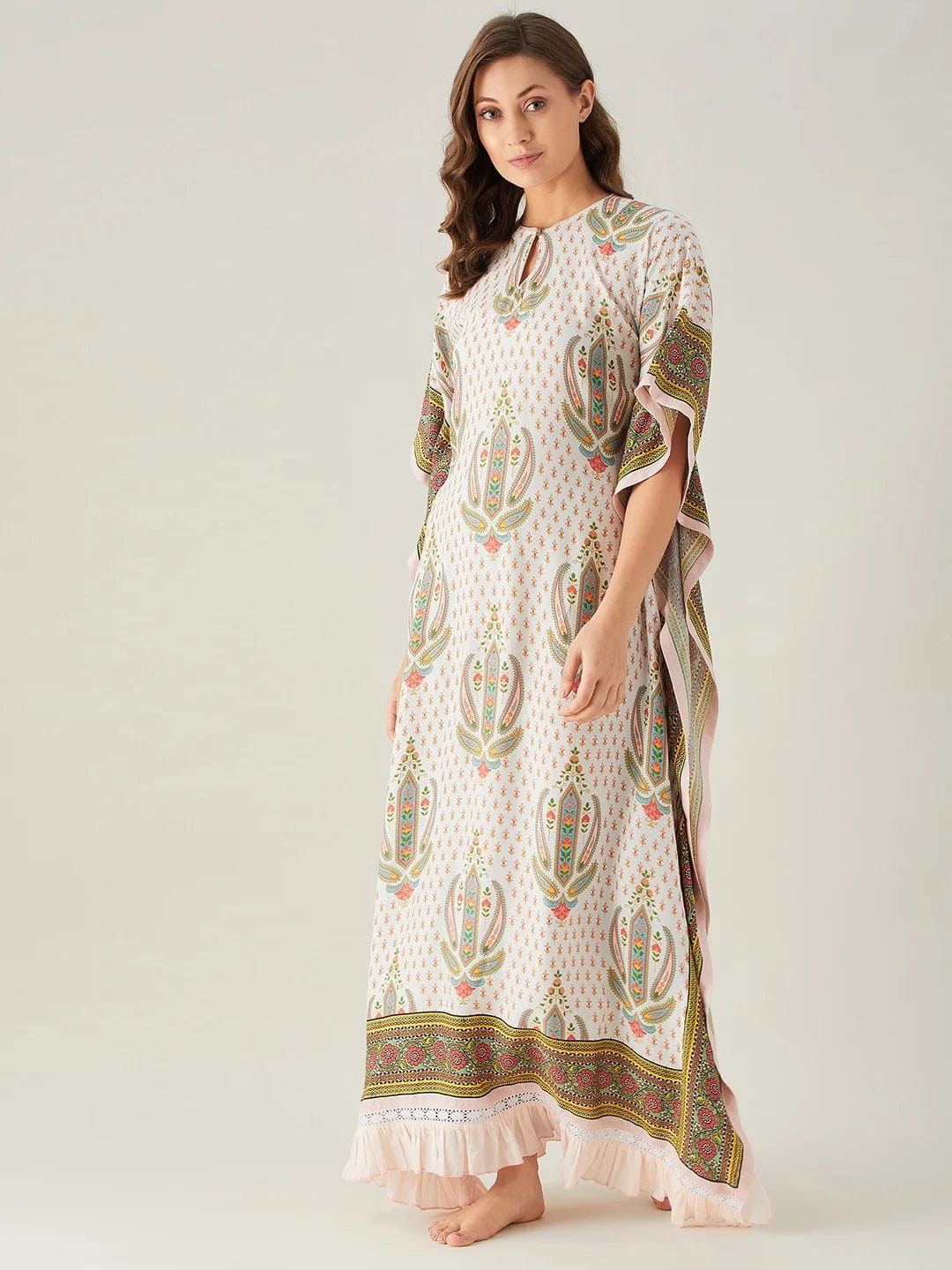 The Kaftan Company Kaftan Floral Block and Border Maxi Kaftan with Frill Hem
