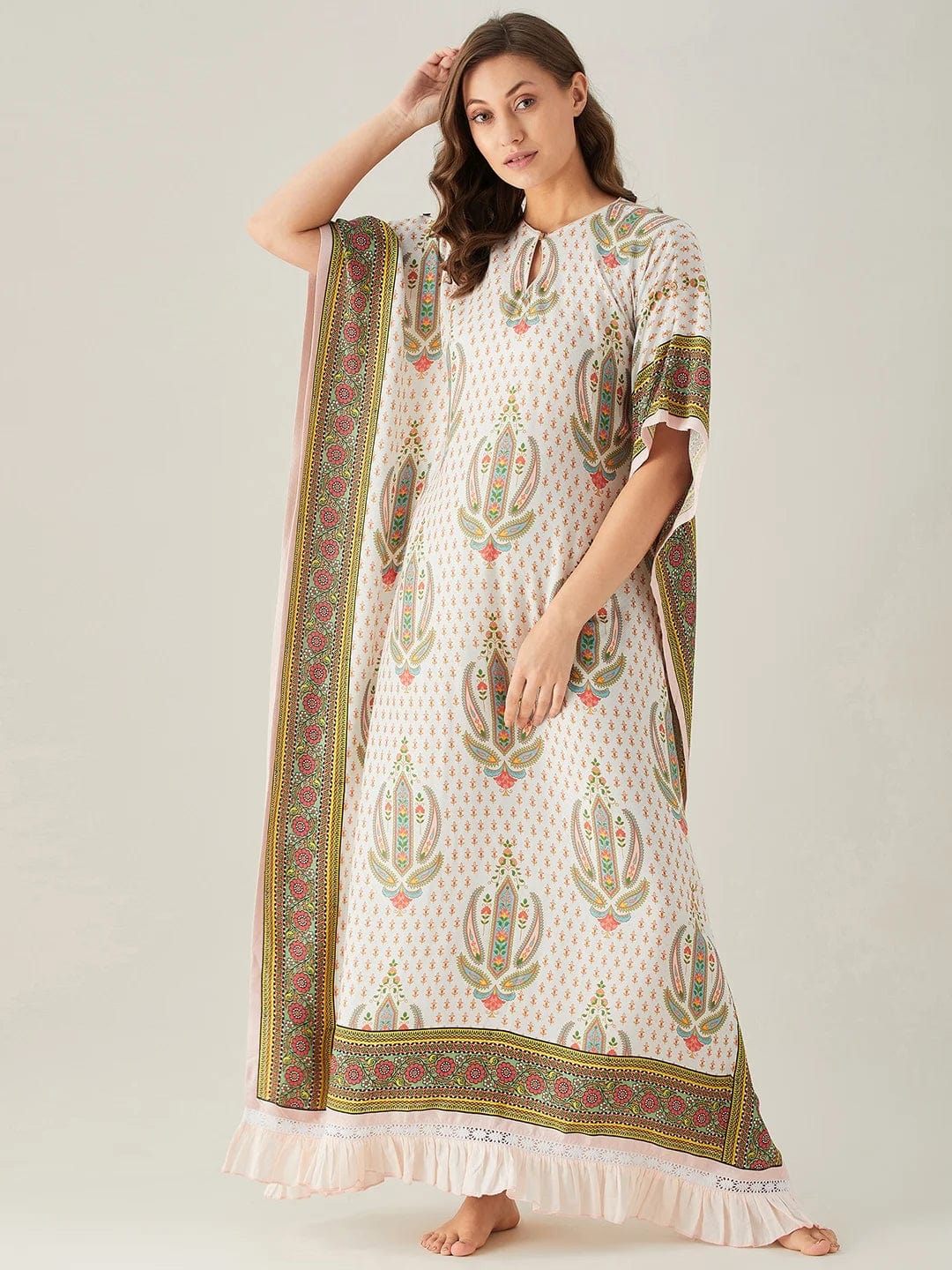 The Kaftan Company Kaftan Floral Block and Border Maxi Kaftan with Frill Hem