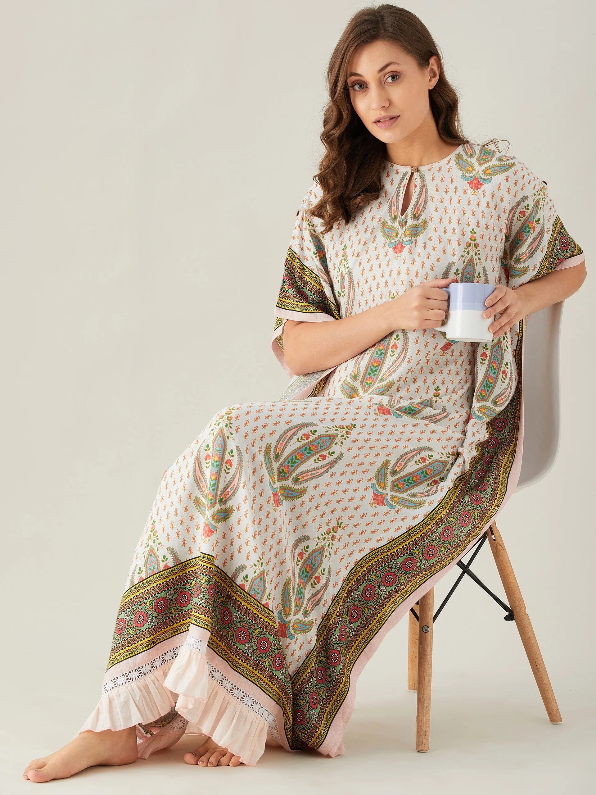 The Kaftan Company Kaftan Floral Block and Border Maxi Kaftan with Frill Hem