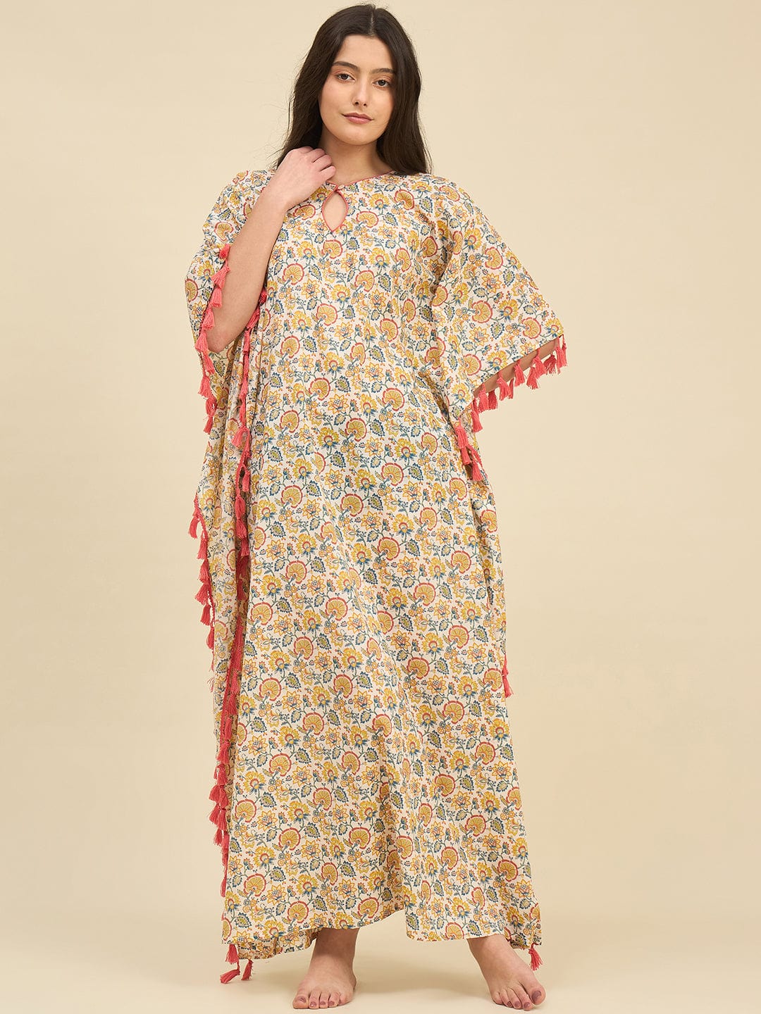 The Kaftan Company Kaftan Floral Cotton Kaftan – Keyhole Neckline & Pink Tassel Trim